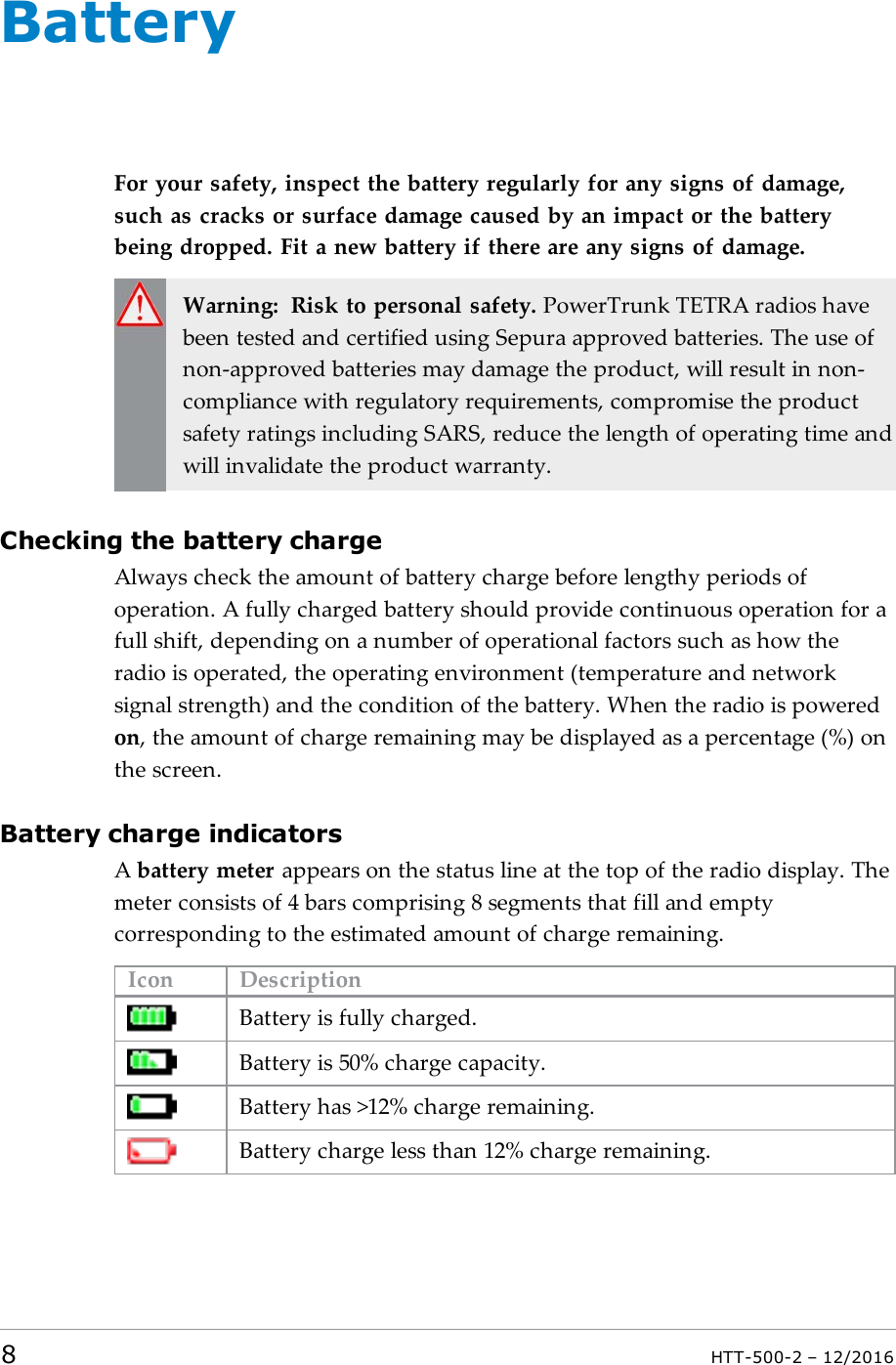 BatteryFor your safety, inspect the battery regularly for any signs of damage,such as cracks or surface damage caused by an impact or the batterybeing dropped. Fit a new battery if there are any signs of damage.Warning: Risk to personal safety. PowerTrunk TETRA radios havebeen tested and certified using Sepura approved batteries. The use ofnon-approved batteries may damage the product, will result in non-compliance with regulatory requirements, compromise the productsafety ratings including SARS, reduce the length of operating time andwill invalidate the product warranty.Checking the battery chargeAlways check the amount of battery charge before lengthy periods ofoperation. A fully charged battery should provide continuous operation for afull shift, depending on a number of operational factors such as how theradio is operated, the operating environment (temperature and networksignal strength) and the condition of the battery. When the radio is poweredon, the amount of charge remaining may be displayed as a percentage (%) onthe screen.Battery charge indicatorsAbattery meter appears on the status line at the top of the radio display. Themeter consists of 4 bars comprising 8 segments that fill and emptycorresponding to the estimated amount of charge remaining.Icon DescriptionBattery is fully charged.Battery is 50% charge capacity.Battery has &gt;12% charge remaining.Battery charge less than 12% charge remaining.8HTT-500-2 – 12/2016