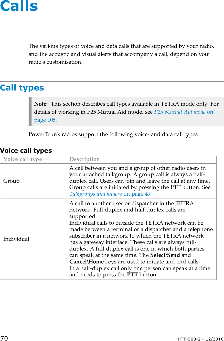 CallsThe various types of voice and data calls that are supported by your radio,and the acoustic and visual alerts that accompany a call, depend on yourradio&apos;s customisation.Call typesNote: This section describes call types available in TETRA mode only. Fordetails of working in P25 Mutual Aid mode, see P25 Mutual Aid mode onpage105.PowerTrunk radios support the following voice- and data call types:Voice call typesVoice call type DescriptionGroupA call between you and a group of other radio users inyour attached talkgroup. A group call is always a half-duplex call. Users can join and leave the call at any time.Group calls are initiated by pressing the PTT button. SeeTalkgroups and folders on page49.IndividualA call to another user or dispatcher in the TETRAnetwork. Full-duplex and half-duplex calls aresupported.Individual calls to outside the TETRA network can bemade between a terminal or a dispatcher and a telephonesubscriber in a network to which the TETRA networkhas a gateway interface. These calls are always full-duplex. A full-duplex call is one in which both partiescan speak at the same time. The Select/Send andCancel\Home keys are used to initiate and end calls.In a half-duplex call only one person can speak at a timeand needs to press the PTT button.70 HTT-500-2 – 12/2016