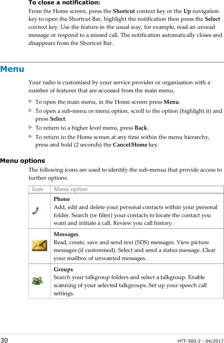 To close a notification:From the Home screen, press the Shortcut context key or the Up navigationkey to open the Shortcut Bar, highlight the notification then press the Selectcontext key. Use the feature in the usual way, for example, read an unreadmessage or respond to a missed call. The notification automatically closes anddisappears from the Shortcut Bar.MenuYour radio is customised by your service provider or organisation with anumber of features that are accessed from the main menu.To open the main menu, in the Home screen press Menu.To open a sub-menu or menu option, scroll to the option (highlight it) andpress Select.To return to a higher level menu, press Back.To return to the Home screen at any time within the menu hierarchy,press and hold (2 seconds) the Cancel/Home key.Menu optionsThe following icons are used to identify the sub-menus that provide access tofurther options.Icon Menu optionPhoneAdd, edit and delete your personal contacts within your personalfolder. Search (or filter) your contacts to locate the contact youwant and initiate a call. Review you call history.MessagesRead, create, save and send text (SDS) messages. View picturemessages (if customised). Select and send a status message. Clearyour mailbox of unwanted messages.GroupsSearch your talkgroup folders and select a talkgroup. Enablescanning of your selected talkgroups. Set up your speech callsettings.30 HTT-500-2 &ndash; 04/2017