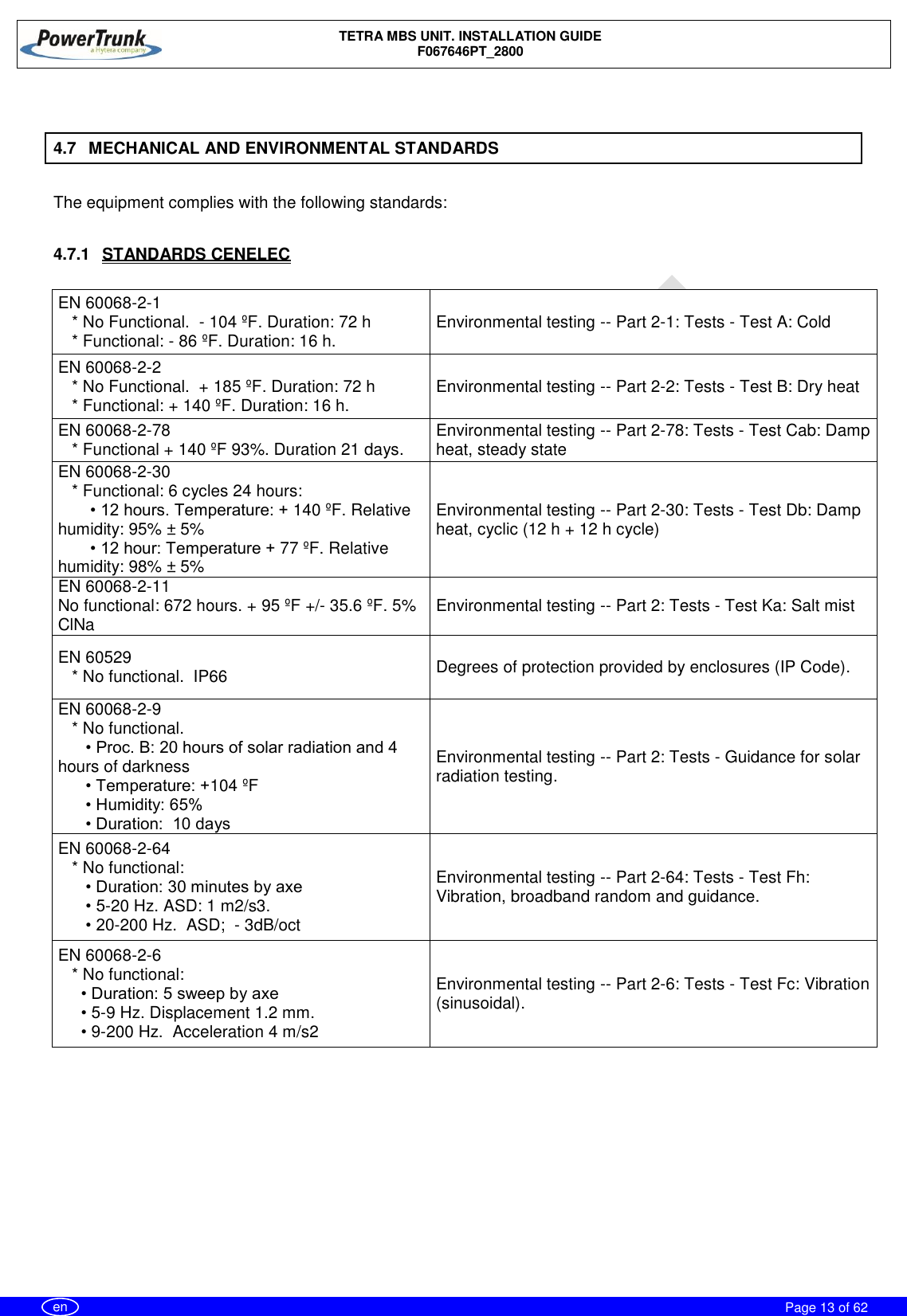    TETRA MBS UNIT. INSTALLATION GUIDE F067646PT_2800     Page 13 of 62   en  4.7  MECHANICAL AND ENVIRONMENTAL STANDARDS  The equipment complies with the following standards:  4.7.1  STANDARDS CENELEC  EN 60068-2-1    * No Functional.  - 104 ºF. Duration: 72 h    * Functional: - 86 ºF. Duration: 16 h. Environmental testing -- Part 2-1: Tests - Test A: Cold EN 60068-2-2    * No Functional.  + 185 ºF. Duration: 72 h    * Functional: + 140 ºF. Duration: 16 h. Environmental testing -- Part 2-2: Tests - Test B: Dry heat EN 60068-2-78     * Functional + 140 ºF 93%. Duration 21 days. Environmental testing -- Part 2-78: Tests - Test Cab: Damp heat, steady state EN 60068-2-30     * Functional: 6 cycles 24 hours:        • 12 hours. Temperature: + 140 ºF. Relative humidity: 95% ± 5%        • 12 hour: Temperature + 77 ºF. Relative humidity: 98% ± 5% Environmental testing -- Part 2-30: Tests - Test Db: Damp heat, cyclic (12 h + 12 h cycle) EN 60068-2-11 No functional: 672 hours. + 95 ºF +/- 35.6 ºF. 5% ClNa Environmental testing -- Part 2: Tests - Test Ka: Salt mist EN 60529    * No functional.  IP66 Degrees of protection provided by enclosures (IP Code). EN 60068-2-9     * No functional.         • Proc. B: 20 hours of solar radiation and 4 hours of darkness       • Temperature: +104 ºF         • Humidity: 65%       • Duration:  10 days Environmental testing -- Part 2: Tests - Guidance for solar radiation testing. EN 60068-2-64     * No functional:        • Duration: 30 minutes by axe       • 5-20 Hz. ASD: 1 m2/s3.       • 20-200 Hz.  ASD;  - 3dB/oct Environmental testing -- Part 2-64: Tests - Test Fh: Vibration, broadband random and guidance. EN 60068-2-6     * No functional:       • Duration: 5 sweep by axe      • 5-9 Hz. Displacement 1.2 mm.      • 9-200 Hz.  Acceleration 4 m/s2  Environmental testing -- Part 2-6: Tests - Test Fc: Vibration (sinusoidal). 