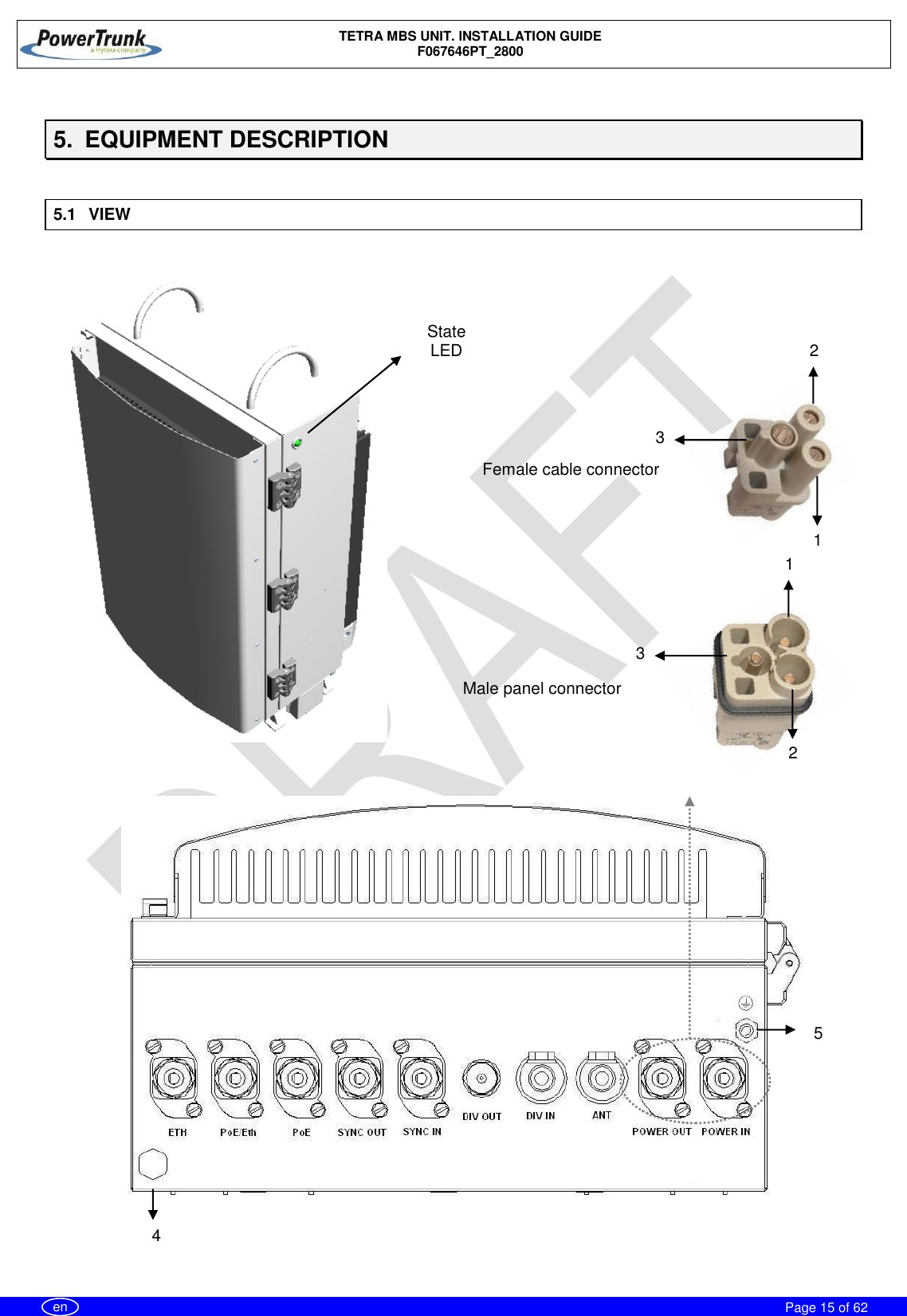    TETRA MBS UNIT. INSTALLATION GUIDE F067646PT_2800     Page 15 of 62   en  5.  EQUIPMENT DESCRIPTION  5.1  VIEW   2 1 3 Male panel connector 1 2 Female cable connector 3 State LED 5 4 