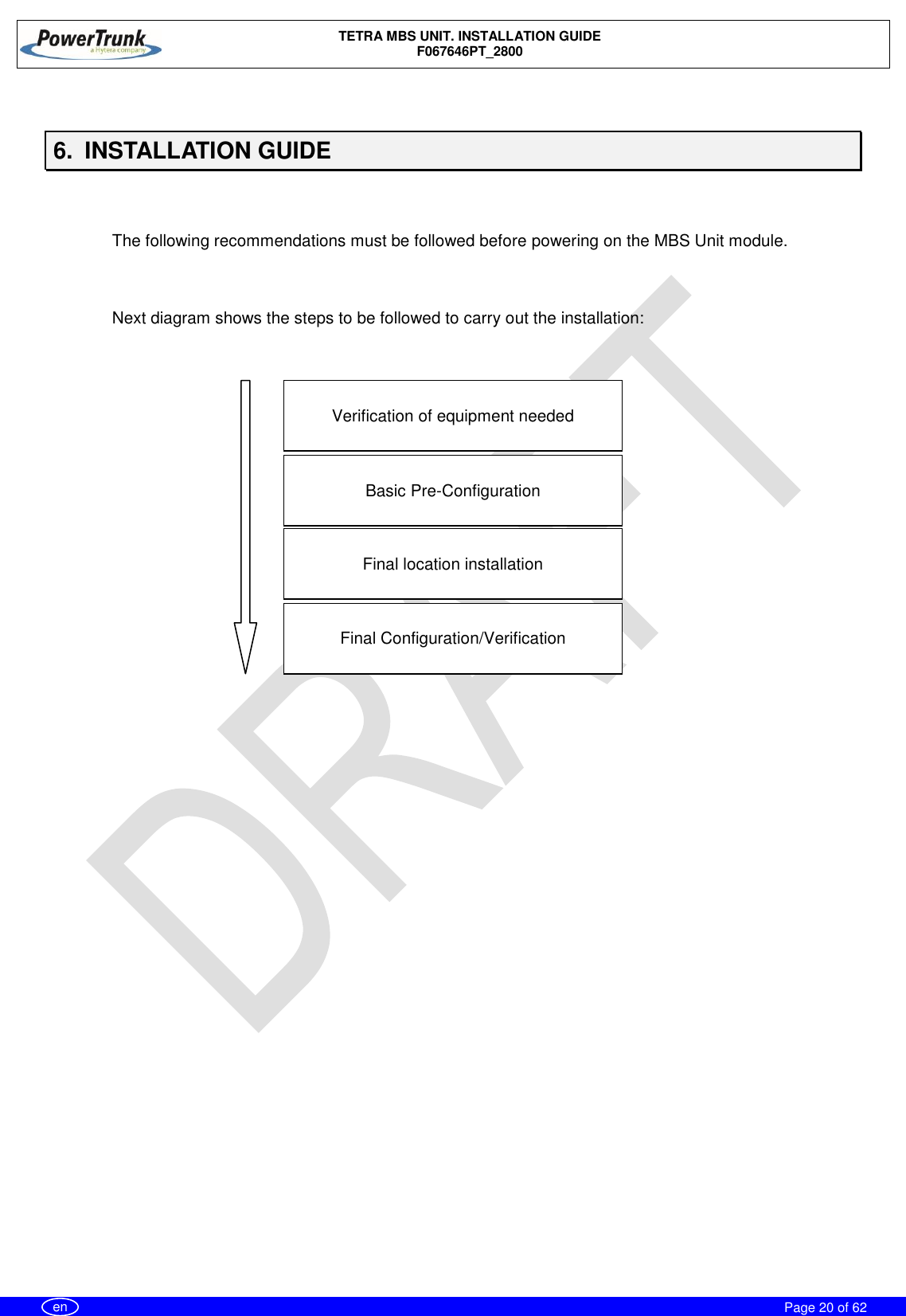    TETRA MBS UNIT. INSTALLATION GUIDE F067646PT_2800     Page 20 of 62   en  6.  INSTALLATION GUIDE   The following recommendations must be followed before powering on the MBS Unit module.  Next diagram shows the steps to be followed to carry out the installation:              Verification of equipment needed   Basic Pre-Configuration   Final location installation   Final Configuration/Verification  