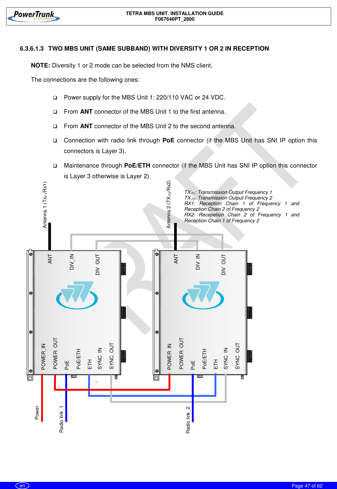    TETRA MBS UNIT. INSTALLATION GUIDE F067646PT_2800     Page 47 of 62   en  6.3.6.1.3  TWO MBS UNIT (SAME SUBBAND) WITH DIVERSITY 1 OR 2 IN RECEPTION  NOTE: Diversity 1 or 2 mode can be selected from the NMS client.  The connections are the following ones:   Power supply for the MBS Unit 1: 220/110 VAC or 24 VDC.  From ANT connector of the MBS Unit 1 to the first antenna.  From ANT connector of the MBS Unit 2 to the second antenna.  Connection with radio link through PoE connector (if the MBS Unit has SNI IP option this connectors is Layer 3).  Maintenance through PoE/ETH connector (if the MBS Unit has SNI IP option this connector is Layer 3 otherwise is Layer 2).                   Power          Radio link_2         Radio link_1 ANT DIV_IN DIV_OUT POWER_IN  PoE/ETH SYNC_OUT POWER_OUT PoE ETH SYNC_IN Antenna 2 (TX F2/Rx2) Antenna 1 (TxF1/Rx1) TX F1: Transmission Output Frequency 1 TX F2: Transmission Output Frequency 2 RX1:  Reception  Chain  1  of  Frequency  1  and Reception Chain 2 of Frequency 2 RX2:  Recepetion  Chain  2  of  Frequency  1  and Reception Chain 1 of Frequency 2 ANT DIV_IN DIV_OUT POWER_IN  PoE/ETH SYNC_OUT POWER_OUT PoE ETH SYNC_IN 