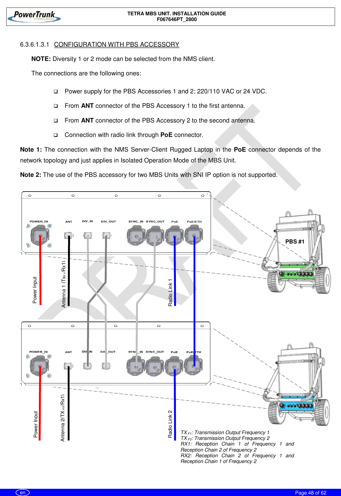    TETRA MBS UNIT. INSTALLATION GUIDE F067646PT_2800     Page 48 of 62   en  6.3.6.1.3.1  CONFIGURATION WITH PBS ACCESSORY  NOTE: Diversity 1 or 2 mode can be selected from the NMS client.  The connections are the following ones:   Power supply for the PBS Accessories 1 and 2: 220/110 VAC or 24 VDC.  From ANT connector of the PBS Accessory 1 to the first antenna.  From ANT connector of the PBS Accessory 2 to the second antenna.  Connection with radio link through PoE connector. Note 1: The connection with the NMS Server-Client Rugged Laptop in the PoE connector depends of the network topology and just applies in Isolated Operation Mode of the MBS Unit.  Note 2: The use of the PBS accessory for two MBS Units with SNI IP option is not supported.   PBS #1 Power Input Antenna 1 (TxF1/Rx1) Power Input  Radio Link 2 Radio Link 1 Antenna 2(TX F2/Rx1) TX F1: Transmission Output Frequency 1 TX F2: Transmission Output Frequency 2 RX1:  Reception  Chain  1  of  Frequency  1  and Reception Chain 2 of Frequency 2 RX2:  Reception  Chain  2  of  Frequency  1  and Reception Chain 1 of Frequency 2  