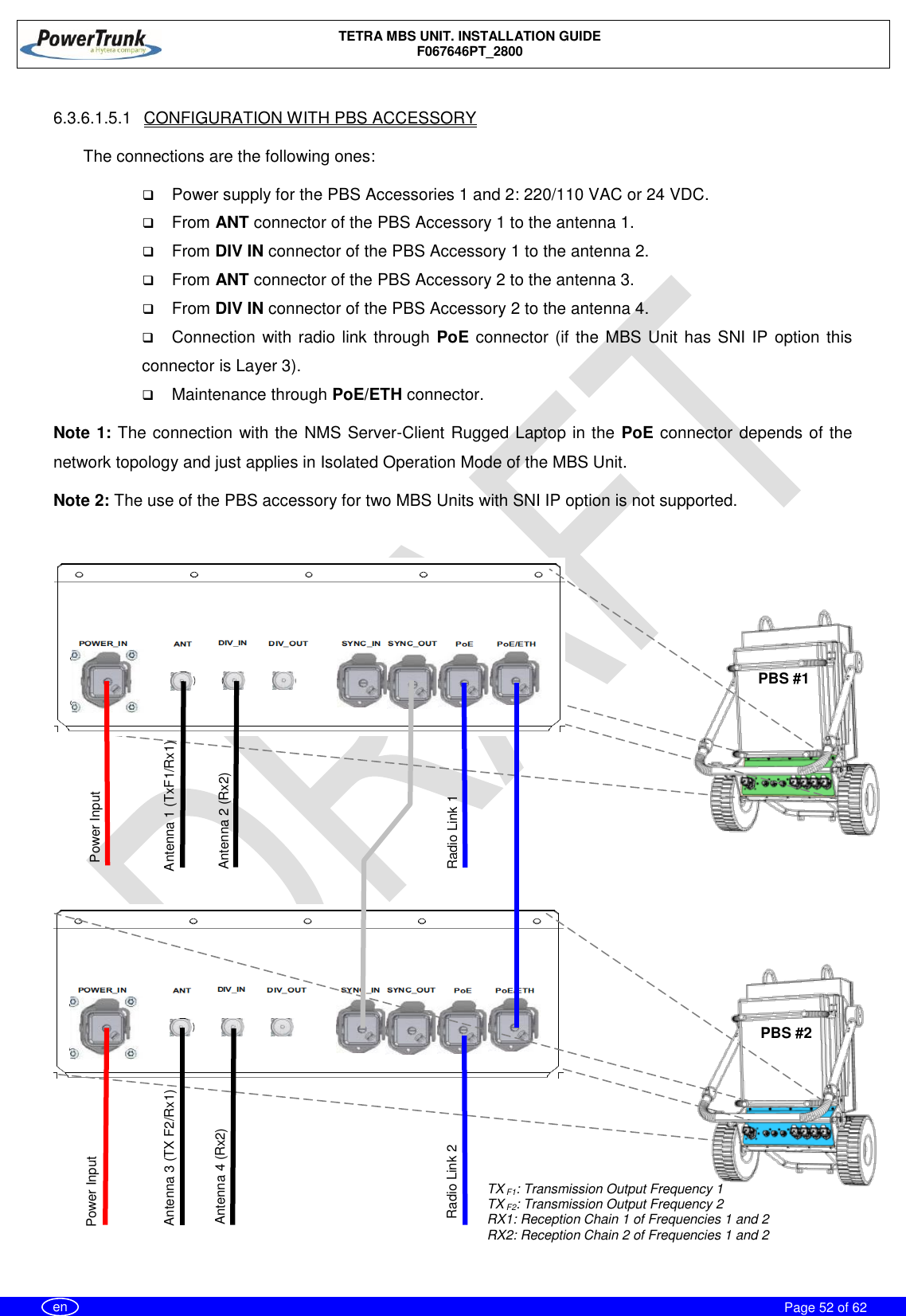    TETRA MBS UNIT. INSTALLATION GUIDE F067646PT_2800     Page 52 of 62   en  6.3.6.1.5.1  CONFIGURATION WITH PBS ACCESSORY  The connections are the following ones:   Power supply for the PBS Accessories 1 and 2: 220/110 VAC or 24 VDC.  From ANT connector of the PBS Accessory 1 to the antenna 1.  From DIV IN connector of the PBS Accessory 1 to the antenna 2.  From ANT connector of the PBS Accessory 2 to the antenna 3.  From DIV IN connector of the PBS Accessory 2 to the antenna 4.  Connection with radio link through PoE connector (if the MBS Unit has SNI IP option this connector is Layer 3).  Maintenance through PoE/ETH connector. Note 1: The connection with the NMS Server-Client Rugged Laptop in the PoE connector depends of the network topology and just applies in Isolated Operation Mode of the MBS Unit. Note 2: The use of the PBS accessory for two MBS Units with SNI IP option is not supported.    Radio Link 2 Radio Link 1 Power Input Power Input Antenna 1 (TxF1/Rx1) Antenna 2 (Rx2) Antenna 3 (TX F2/Rx1) Antenna 4 (Rx2)  TX F1: Transmission Output Frequency 1 TX F2: Transmission Output Frequency 2 RX1: Reception Chain 1 of Frequencies 1 and 2 RX2: Reception Chain 2 of Frequencies 1 and 2  PBS #2 PBS #1 