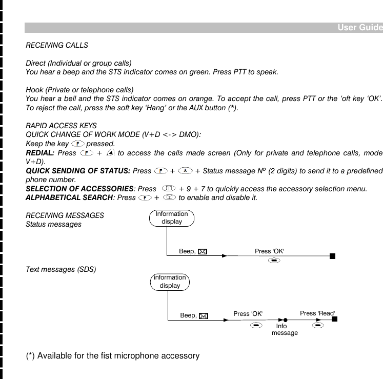 User Guide (*) Available for the fist microphone accessory RECEIVING CALLS  Direct (Individual or group calls) You hear a beep and the STS indicator comes on green. Press PTT to speak.  Hook (Private or telephone calls) You hear a bell and the STS indicator comes on orange. To accept the call, press PTT or the ‘oft key ‘OK’. To reject the call, press the soft key ‘Hang’ or the AUX button (*).  RAPID ACCESS KEYS QUICK CHANGE OF WORK MODE (V+D &lt;-&gt; DMO): Keep the key   pressed. REDIAL:  Press    +    to  access  the  calls  made  screen  (Only  for  private  and  telephone  calls,  mode V+D). QUICK SENDING OF STATUS: Press   +   + Status message Nº (2 digits) to send it to a predefined phone number. SELECTION OF ACCESSORIES: Press    + 9 + 7 to quickly access the accessory selection menu. ALPHABETICAL SEARCH: Press   +   to enable and disable it.  RECEIVING MESSAGES   Status messages     Text messages (SDS)   Information display Beep, Press &apos;OK&apos; message Press &apos;Read&apos; information display Beep, Press &apos;OK&apos; Info 