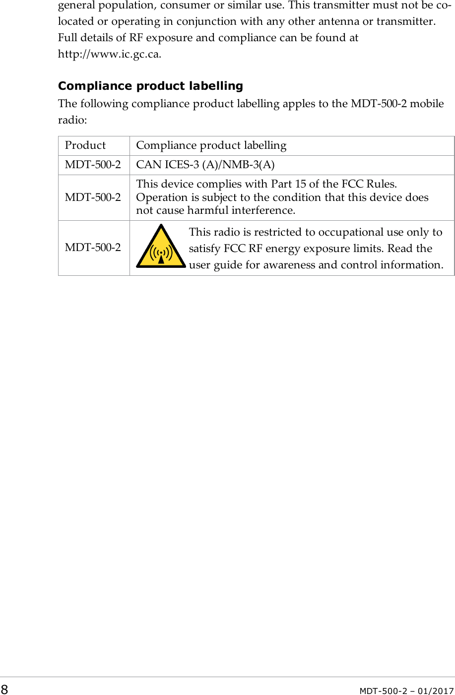 general population, consumer or similar use. This transmitter must not be co-located or operating in conjunction with any other antenna or transmitter.Full details of RF exposure and compliance can be found athttp://www.ic.gc.ca.Compliance product labellingThe following compliance product labelling apples to the MDT-500-2 mobileradio:Product Compliance product labellingMDT-500-2 CAN ICES-3 (A)/NMB-3(A)MDT-500-2This device complies with Part 15 of the FCC Rules.Operation is subject to the condition that this device doesnot cause harmful interference.MDT-500-2This radio is restricted to occupational use only tosatisfy FCC RF energy exposure limits. Read theuser guide for awareness and control information.8MDT-500-2 – 01/2017