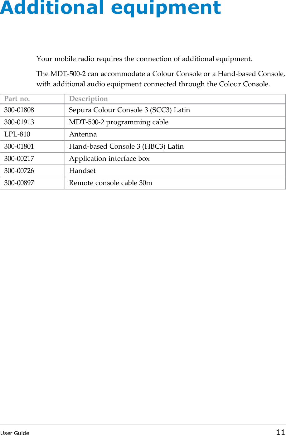 Additional equipmentYour mobile radio requires the connection of additional equipment.The MDT-500-2 can accommodate a Colour Console or a Hand-based Console,with additional audio equipment connected through the Colour Console.Part no. Description300-01808 Sepura Colour Console 3 (SCC3) Latin300-01913 MDT-500-2 programming cableLPL-810 Antenna300-01801 Hand-based Console 3 (HBC3) Latin300-00217 Application interface box300-00726 Handset300-00897 Remote console cable 30mUser Guide 11