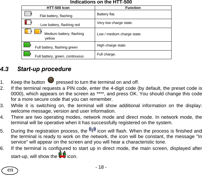 User Guide - 18 -  en Indications on the HTT-500 HTT-500 Icon  Function        Flat battery, flashing  Battery flat.          Low battery, flashing red  Very low charge state.       Medium battery, flashing                       yellow  Low / medium charge state.     Full battery, flashing green  High charge state.     Full battery, green, continuous  Full charge.  4.3 Start-up procedure 1.  Keep the button   pressed to turn the terminal on and off. 2.  If the terminal requests a PIN code, enter the 4-digit code (by default, the preset code is 0000), which appears on the screen as ****, and press OK. You should change this code for a more secure code that you can remember. 3.  While it is switching on, the terminal will show additional information on the display: welcome message, version and user information. 4.  There are two operating modes, network mode and direct mode. In network mode, the terminal will be operative when it has successfully registered on the system.  5.  During the registration process, the   icon will flash. When the process is finished and the terminal is ready to work on the network, the icon will be constant, the message &quot;In service&quot; will appear on the screen and you will hear a characteristic tone. 6.  If the terminal is configured to start up in direct mode, the main screen, displayed after start-up, will show the   icon. 