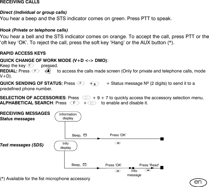  (*) Available for the fist microphone accessory en  RECEIVING CALLS  Direct (Individual or group calls) You hear a beep and the STS indicator comes on green. Press PTT to speak.  Hook (Private or telephone calls) You hear a bell and the STS indicator comes on orange. To accept the call, press PTT or the ‘oft key ‘OK’. To reject the call, press the soft key ‘Hang’ or the AUX button (*).  RAPID ACCESS KEYS QUICK CHANGE OF WORK MODE (V+D &lt;-&gt; DMO): Keep the key             pressed. REDIAL: Press            +        to access the calls made screen (Only for private and telephone calls, mode V+D). QUICK SENDING OF STATUS: Press            +           + Status message Nº (2 digits) to send it to a predefined phone number. SELECTION OF ACCESSORIES: Press         + 9 + 7 to quickly access the accessory selection menu. ALPHABETICAL SEARCH: Press              +            to enable and disable it.  RECEIVING MESSAGES   Status messages     Text messages (SDS)    F FInformationdisplayBeep, Press &apos;OK&apos;InfodisplayBeep, Press &apos;OK&apos;                    Press &apos;Read&apos;Infomessage F F*