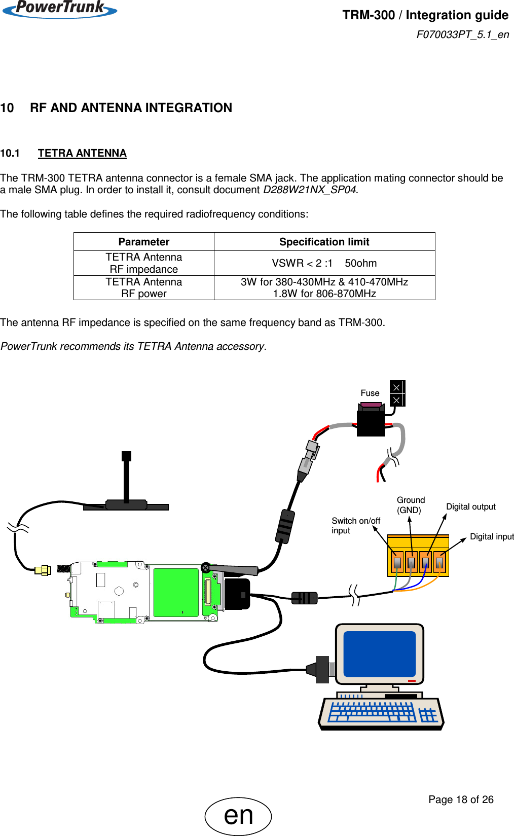   TRM-300 / Integration guide F070033PT_5.1_en     Page 18 of 26 en  10     RF AND ANTENNA INTEGRATION  10.1  TETRA ANTENNA The TRM-300 TETRA antenna connector is a female SMA jack. The application mating connector should be a male SMA plug. In order to install it, consult document D288W21NX_SP04.  The following table defines the required radiofrequency conditions:         The antenna RF impedance is specified on the same frequency band as TRM-300.  PowerTrunk recommends its TETRA Antenna accessory.                                 Parameter Specification limit TETRA Antenna  RF impedance VSWR &lt; 2 :1    50ohm TETRA Antenna  RF power 3W for 380-430MHz &amp; 410-470MHz 1.8W for 806-870MHz Digital input Ground (GND) Switch on/off input Digital output Fuse 