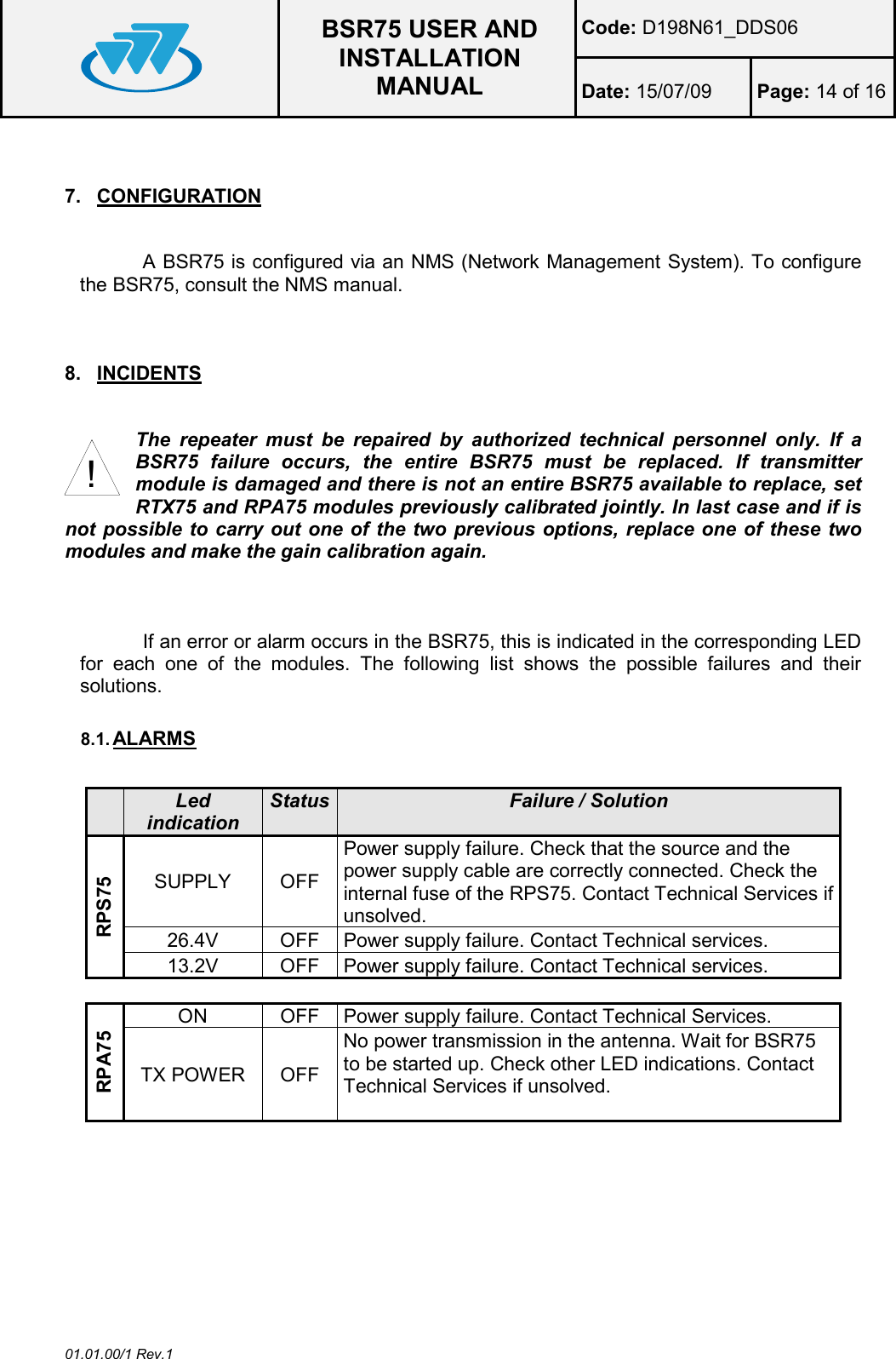  BSR75 USER AND INSTALLATION MANUAL Code: D198N61_DDS06 Date: 15/07/09  Page: 14 of 16  01.01.00/1 Rev.1  7.  CONFIGURATION  A BSR75 is configured via an NMS (Network Management System). To configure the BSR75, consult the NMS manual.   8.  INCIDENTS  The  repeater  must  be  repaired  by  authorized  technical  personnel  only.  If  a BSR75  failure  occurs,  the  entire  BSR75  must  be  replaced.  If  transmitter module is damaged and there is not an entire BSR75 available to replace, set RTX75 and RPA75 modules previously calibrated jointly. In last case and if is not possible to carry out one of  the two previous options, replace one of these two modules and make the gain calibration again.    If an error or alarm occurs in the BSR75, this is indicated in the corresponding LED for  each  one  of  the  modules.  The  following  list  shows  the  possible  failures  and  their solutions.  8.1. ALARMS   Led indication Status  Failure / Solution RPS75 SUPPLY  OFF Power supply failure. Check that the source and the power supply cable are correctly connected. Check the internal fuse of the RPS75. Contact Technical Services if unsolved. 26.4V  OFF  Power supply failure. Contact Technical services. 13.2V  OFF  Power supply failure. Contact Technical services.  RPA75 ON  OFF  Power supply failure. Contact Technical Services. TX POWER  OFF No power transmission in the antenna. Wait for BSR75 to be started up. Check other LED indications. Contact Technical Services if unsolved.   !