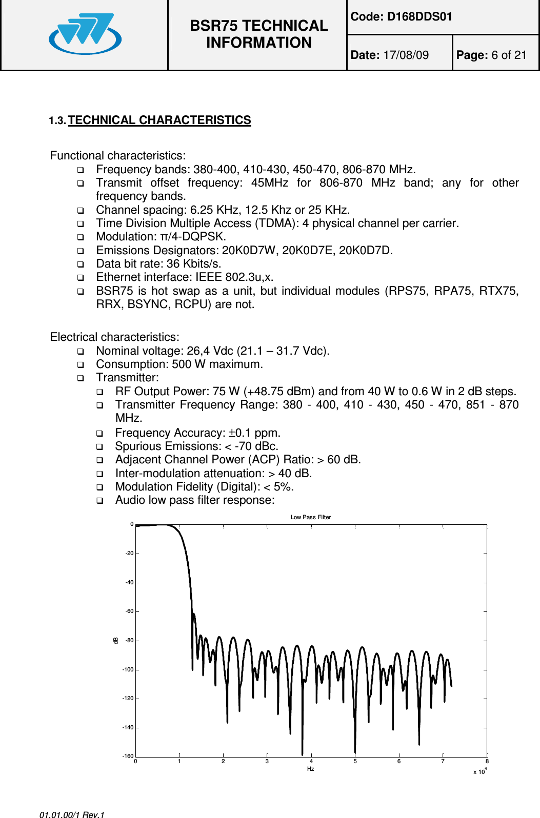 Code: D168DDS01  BSR75 TECHNICAL INFORMATION Date: 17/08/09  Page: 6 of 21  01.01.00/1 Rev.1  1.3. TECHNICAL CHARACTERISTICS  Functional characteristics:  Frequency bands: 380-400, 410-430, 450-470, 806-870 MHz.  Transmit  offset  frequency:  45MHz  for  806-870  MHz  band;  any  for  other frequency bands.  Channel spacing: 6.25 KHz, 12.5 Khz or 25 KHz.  Time Division Multiple Access (TDMA): 4 physical channel per carrier.  Modulation: /4-DQPSK.  Emissions Designators: 20K0D7W, 20K0D7E, 20K0D7D.  Data bit rate: 36 Kbits/s.  Ethernet interface: IEEE 802.3u,x.  BSR75 is hot swap as a unit, but individual modules (RPS75, RPA75, RTX75, RRX, BSYNC, RCPU) are not. Electrical characteristics:  Nominal voltage: 26,4 Vdc (21.1 – 31.7 Vdc).  Consumption: 500 W maximum.  Transmitter:  RF Output Power: 75 W (+48.75 dBm) and from 40 W to 0.6 W in 2 dB steps.  Transmitter Frequency Range: 380 - 400,  410 - 430, 450 - 470,  851 - 870 MHz.  Frequency Accuracy: ±0.1 ppm.  Spurious Emissions: &lt; -70 dBc.  Adjacent Channel Power (ACP) Ratio: &gt; 60 dB.  Inter-modulation attenuation: &gt; 40 dB.  Modulation Fidelity (Digital): &lt; 5%.  Audio low pass filter response:                    012345678x 104-160-140-120-100-80-60-40-200Low Pass FilterHzdB