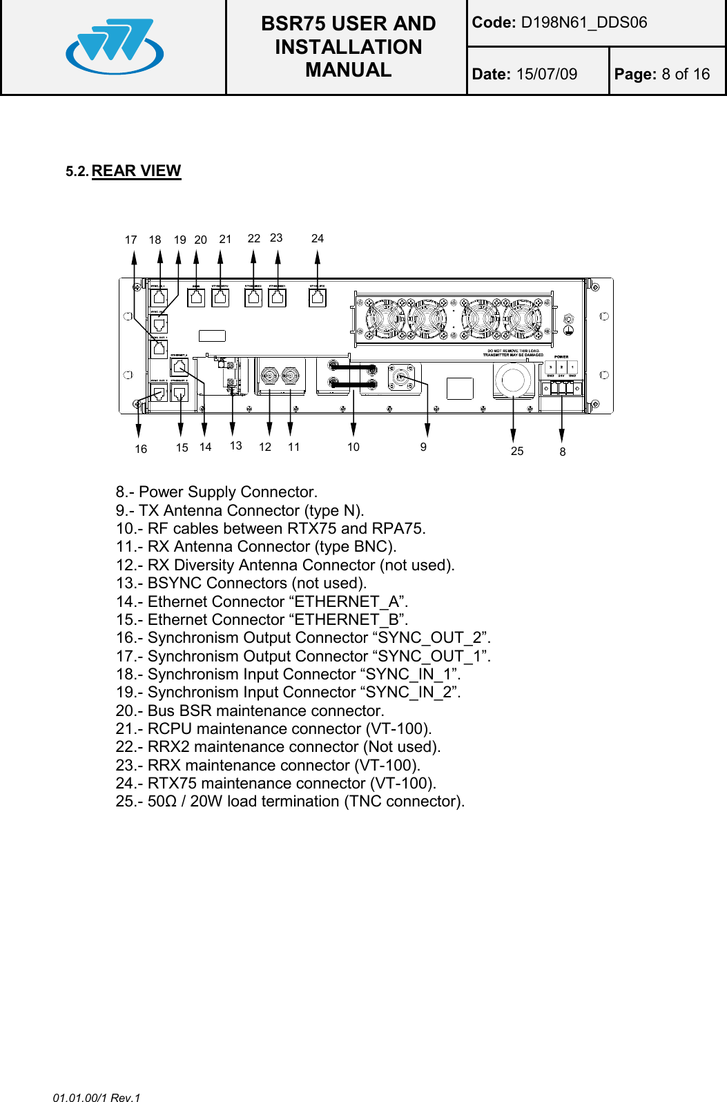  BSR75 USER AND INSTALLATION MANUAL Code: D198N61_DDS06 Date: 15/07/09  Page: 8 of 16  01.01.00/1 Rev.1   5.2. REAR VIEW                 8.- Power Supply Connector. 9.- TX Antenna Connector (type N). 10.- RF cables between RTX75 and RPA75. 11.- RX Antenna Connector (type BNC). 12.- RX Diversity Antenna Connector (not used). 13.- BSYNC Connectors (not used). 14.- Ethernet Connector “ETHERNET_A”. 15.- Ethernet Connector “ETHERNET_B”. 16.- Synchronism Output Connector “SYNC_OUT_2”. 17.- Synchronism Output Connector “SYNC_OUT_1”. 18.- Synchronism Input Connector “SYNC_IN_1”. 19.- Synchronism Input Connector “SYNC_IN_2”. 20.- Bus BSR maintenance connector. 21.- RCPU maintenance connector (VT-100). 22.- RRX2 maintenance connector (Not used). 23.- RRX maintenance connector (VT-100). 24.- RTX75 maintenance connector (VT-100). 25.- 50Ω / 20W load termination (TNC connector). 24 23 22 21 20 19 18 17 16 15 14 9 10 11 12 13 8 25 