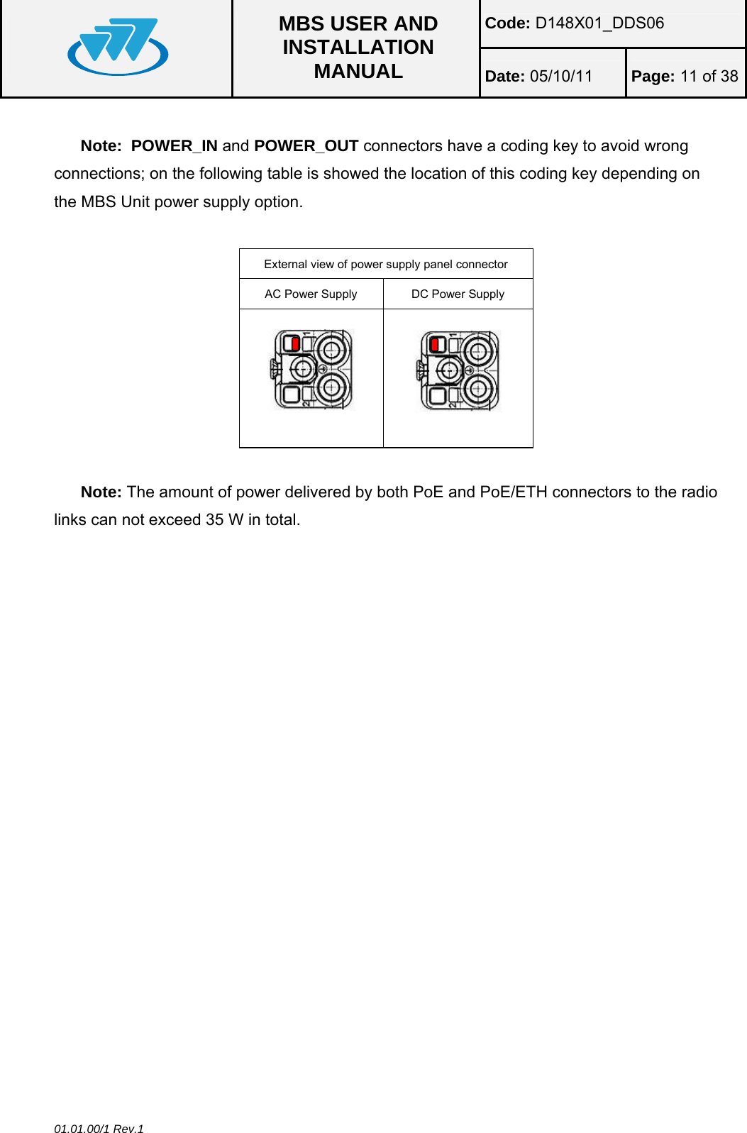 Code: D148X01_DDS06  MBS USER AND INSTALLATION MANUAL  Date: 05/10/11 Page: 11 of 38 01.01.00/1 Rev.1  Note:  POWER_IN and POWER_OUT connectors have a coding key to avoid wrong connections; on the following table is showed the location of this coding key depending on the MBS Unit power supply option.  External view of power supply panel connector AC Power Supply  DC Power Supply    Note: The amount of power delivered by both PoE and PoE/ETH connectors to the radio links can not exceed 35 W in total.  