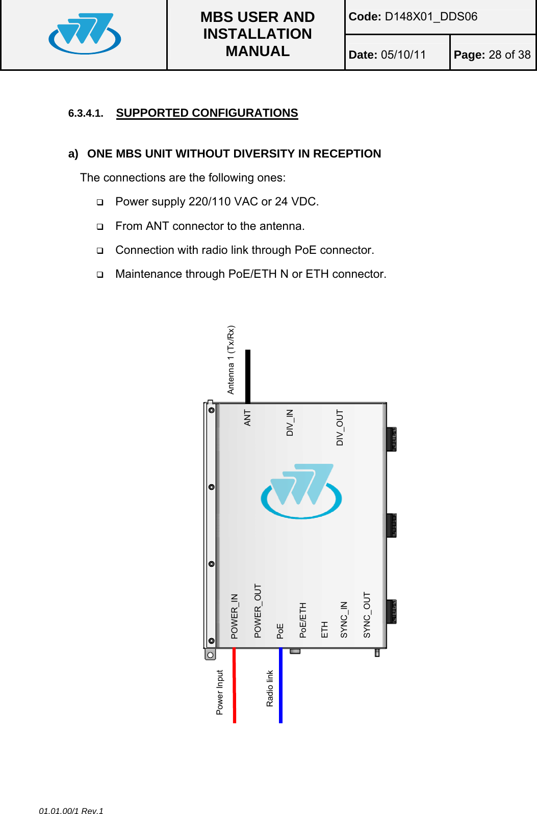 Code: D148X01_DDS06  MBS USER AND INSTALLATION MANUAL  Date: 05/10/11 Page: 28 of 38 01.01.00/1 Rev.1  6.3.4.1.  SUPPORTED CONFIGURATIONS  a)  ONE MBS UNIT WITHOUT DIVERSITY IN RECEPTION The connections are the following ones:  Power supply 220/110 VAC or 24 VDC.  From ANT connector to the antenna.  Connection with radio link through PoE connector.  Maintenance through PoE/ETH N or ETH connector.            Of                        ANT DIV_IN DIV_OUT POWER_IN PoE/ETH SYNC_OUT POWER_OUT PoE ETH SYNC_IN        Radio link Antenna 1 (Tx/Rx) Power Input 