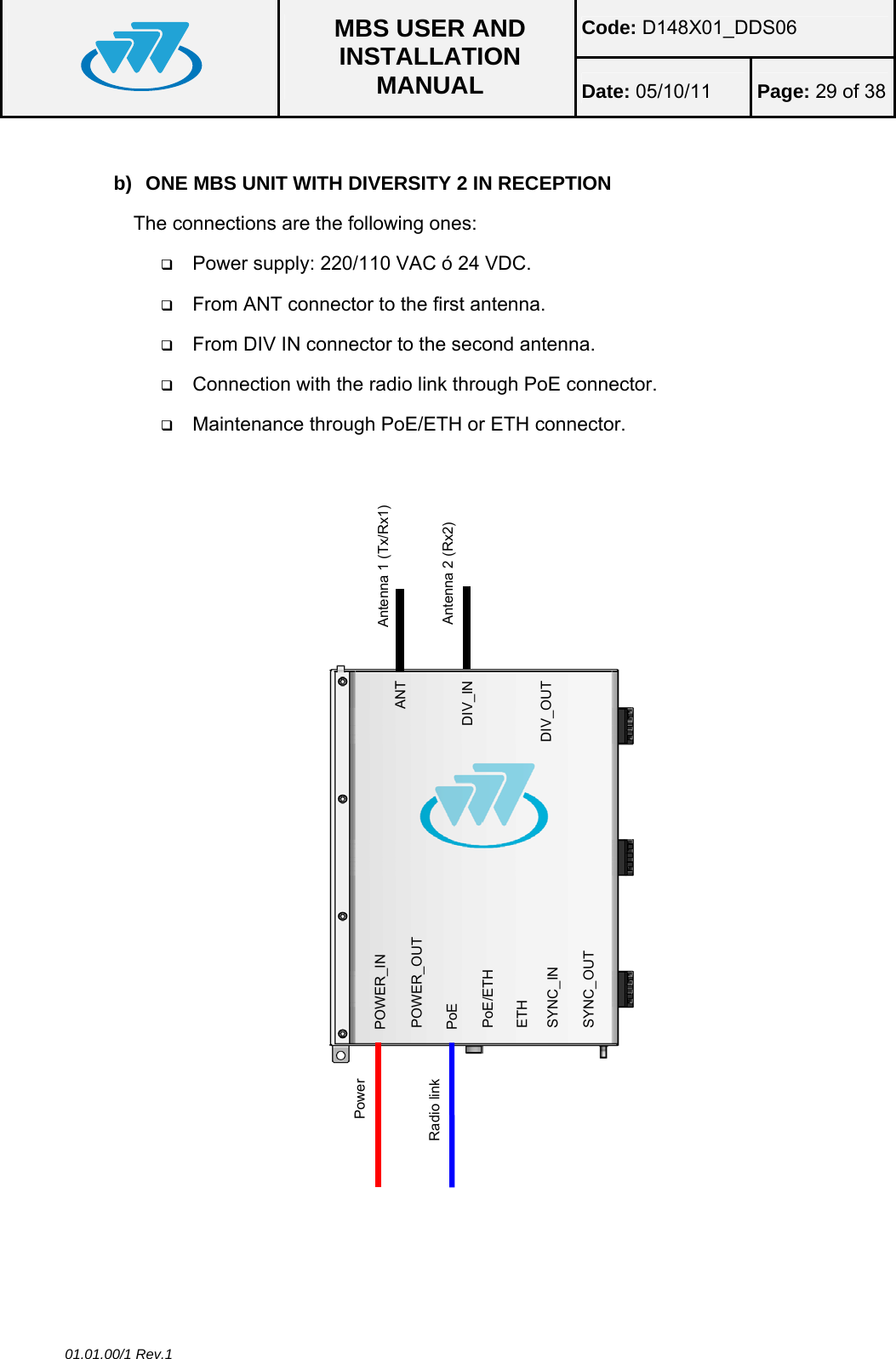 Code: D148X01_DDS06  MBS USER AND INSTALLATION MANUAL  Date: 05/10/11 Page: 29 of 38 01.01.00/1 Rev.1  b)  ONE MBS UNIT WITH DIVERSITY 2 IN RECEPTION The connections are the following ones:  Power supply: 220/110 VAC ó 24 VDC.  From ANT connector to the first antenna.  From DIV IN connector to the second antenna.  Connection with the radio link through PoE connector.  Maintenance through PoE/ETH or ETH connector.                  ANT DIV_IN DIV_OUT POWER_IN PoE/ETH SYNC_OUT POWER_OUT PoE ETH SYNC_IN Power  Radio link  Antenna 2 (Rx2) Antenna 1 (Tx/Rx1) 