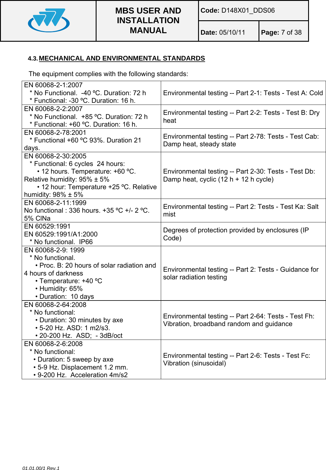 Code: D148X01_DDS06  MBS USER AND INSTALLATION MANUAL  Date: 05/10/11 Page: 7 of 38  01.01.00/1 Rev.1 4.3. MECHANICAL AND ENVIRONMENTAL STANDARDS The equipment complies with the following standards: EN 60068-2-1:2007    * No Functional.  -40 ºC. Duration: 72 h    * Functional: -30 ºC. Duration: 16 h. Environmental testing -- Part 2-1: Tests - Test A: ColdEN 60068-2-2:2007    * No Functional.  +85 ºC. Duration: 72 h    * Functional: +60 ºC. Duration: 16 h. Environmental testing -- Part 2-2: Tests - Test B: Dry heat EN 60068-2-78:2001    * Functional +60 ºC 93%. Duration 21 days. Environmental testing -- Part 2-78: Tests - Test Cab: Damp heat, steady state EN 60068-2-30:2005    * Functional: 6 cycles  24 hours:        • 12 hours. Temperature: +60 ºC. Relative humidity: 95% ± 5%        • 12 hour: Temperature +25 ºC. Relative humidity: 98% ± 5% Environmental testing -- Part 2-30: Tests - Test Db: Damp heat, cyclic (12 h + 12 h cycle) EN 60068-2-11:1999 No functional : 336 hours. +35 ºC +/- 2 ºC. 5% ClNa Environmental testing -- Part 2: Tests - Test Ka: Salt mist EN 60529:1991 EN 60529:1991/A1:2000     * No functional.  IP66 Degrees of protection provided by enclosures (IP Code) EN 60068-2-9: 1999    * No functional.         • Proc. B: 20 hours of solar radiation and 4 hours of darkness       • Temperature: +40 ºC       • Humidity: 65%       • Duration:  10 days Environmental testing -- Part 2: Tests - Guidance for solar radiation testing EN 60068-2-64:2008    * No functional:        • Duration: 30 minutes by axe       • 5-20 Hz. ASD: 1 m2/s3.       • 20-200 Hz.  ASD;  - 3dB/oct Environmental testing -- Part 2-64: Tests - Test Fh: Vibration, broadband random and guidance  EN 60068-2-6:2008    * No functional:       • Duration: 5 sweep by axe      • 5-9 Hz. Displacement 1.2 mm.      • 9-200 Hz.  Acceleration 4m/s2 Environmental testing -- Part 2-6: Tests - Test Fc: Vibration (sinusoidal) 