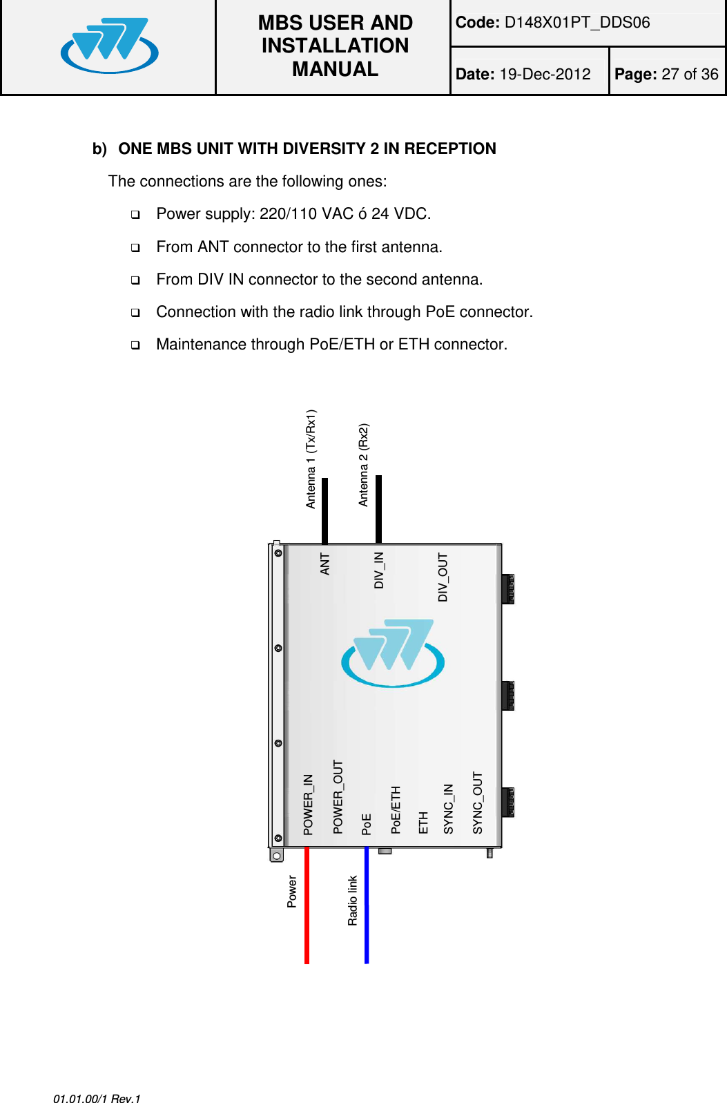 Code: D148X01PT_DDS06  MBS USER AND INSTALLATION MANUAL Date: 19-Dec-2012  Page: 27 of 36  01.01.00/1 Rev.1  b)  ONE MBS UNIT WITH DIVERSITY 2 IN RECEPTION The connections are the following ones:  Power supply: 220/110 VAC ó 24 VDC.  From ANT connector to the first antenna.  From DIV IN connector to the second antenna.  Connection with the radio link through PoE connector.  Maintenance through PoE/ETH or ETH connector.                  ANT DIV_IN DIV_OUT POWER_IN  PoE/ETH SYNC_OUT POWER_OUT PoE ETH SYNC_IN Power  Radio link  Antenna 2 (Rx2) Antenna 1 (Tx/Rx1) 