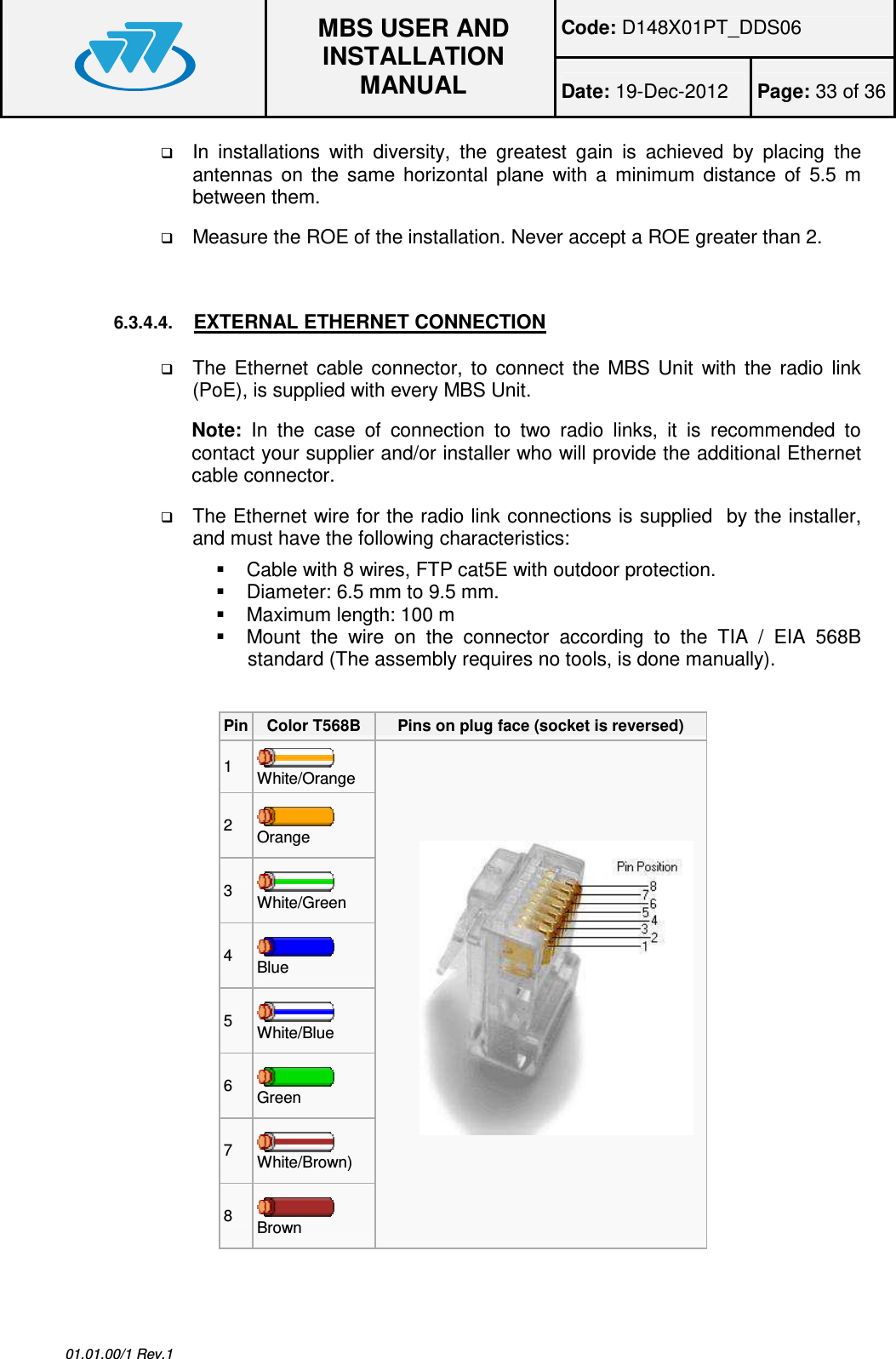 Code: D148X01PT_DDS06  MBS USER AND INSTALLATION MANUAL Date: 19-Dec-2012  Page: 33 of 36  01.01.00/1 Rev.1  In  installations  with  diversity,  the  greatest  gain  is  achieved  by  placing  the antennas  on  the  same  horizontal  plane  with  a  minimum  distance  of  5.5  m between them.  Measure the ROE of the installation. Never accept a ROE greater than 2.  6.3.4.4. EXTERNAL ETHERNET CONNECTION  The  Ethernet  cable  connector,  to  connect  the  MBS  Unit  with  the  radio  link (PoE), is supplied with every MBS Unit. Note:  In  the  case  of  connection  to  two  radio  links,  it  is  recommended  to contact your supplier and/or installer who will provide the additional Ethernet cable connector.  The Ethernet wire for the radio link connections is supplied  by the installer, and must have the following characteristics:   Cable with 8 wires, FTP cat5E with outdoor protection.   Diameter: 6.5 mm to 9.5 mm.   Maximum length: 100 m   Mount  the  wire  on  the  connector  according  to  the  TIA  /  EIA  568B standard (The assembly requires no tools, is done manually).  Pin Color T568B  Pins on plug face (socket is reversed) 1   White/Orange 2   Orange 3   White/Green 4   Blue 5   White/Blue 6   Green 7   White/Brown) 8   Brown           