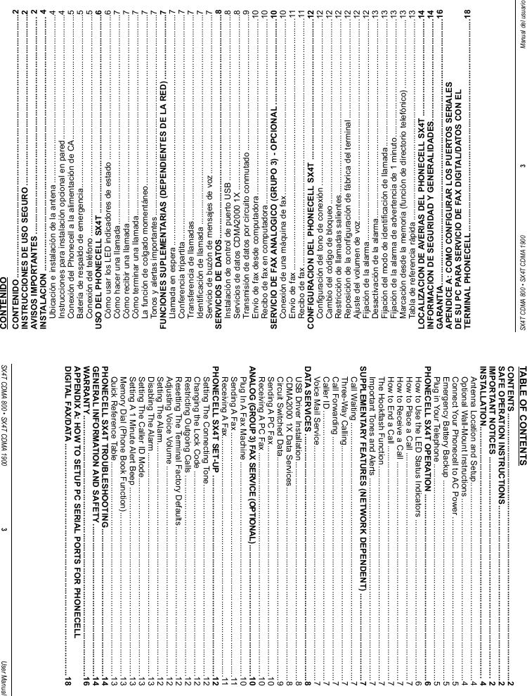 SX4T CDMA 800 • SX4T CDMA 1900 3Manual del usuarioCONTENIDOCONTENIDO ..................................................................................................................2INSTRUCCIONES DE USO SEGURO ..........................................................................2AVISOS IMPORTANTES .............................................................................................. 2INSTALACION .............................................................................................................. 4Ubicación e instalación de la antena .........................................................................4Instrucciones para instalación opcional en pared......................................................4Conexión del Phonecell a la alimentación de CA......................................................5Batería de respaldo de emergencia...........................................................................5Conexión del teléfono ................................................................................................5USO DEL PHONECELL SX4T ......................................................................................6Cómo usar los LED indicadores de estado ...............................................................6Cómo hacer una llamada...........................................................................................7Cómo recibir una llamada ..........................................................................................7Cómo terminar una llamada.......................................................................................7La función de colgado momentáneo..........................................................................7Tonos y alertas importantes .......................................................................................7FUNCIONES SUPLEMENTARIAS (DEPENDIENTES DE LA RED) ............................7Llamada en espera ....................................................................................................7Conferencia tripartita..................................................................................................7Transferencia de llamadas.........................................................................................7Identificación de llamada ...........................................................................................7Servicio de buzón de mensajes de voz .....................................................................7SERVICIOS DE DATOS.................................................................................................8Instalación de control de puerto USB ........................................................................8Servicios de datos CDMA2000 1X ............................................................................8Transmisión de datos por circuito conmutado ...........................................................9Envío de fax desde computadora ............................................................................10Recibo de fax en computadora................................................................................10SERVICIO DE FAX ANALOGICO (GRUPO 3) - OPCIONAL .....................................10Conexión de una máquina de fax ............................................................................10Envío de fax .............................................................................................................11Recibo de fax ...........................................................................................................11CONFIGURACION DEL PHONECELL SX4T .............................................................12Configuración del tono de conexión ........................................................................12Cambio del código de bloqueo ................................................................................12Restricción de llamadas salientes............................................................................12Reposición de la configuración de fábrica del terminal ...........................................12Ajuste del volumen de voz.......................................................................................12Fijación de la alarma................................................................................................12Desactivación de la alarma......................................................................................13Fijación del modo de identificación de llamada .......................................................13Fijación de la alarma de advertencia de 1 minuto...................................................13Marcación desde la memoria (función de directorio telefónico) ..............................13Tabla de referencia rápida .......................................................................................13LOCALIZACION DE AVERIAS DEL PHONECELL SX4T ..........................................14INFORMACION DE SEGURIDAD Y GENERALIDADES............................................14GARANTIA...................................................................................................................16APENDICE A: COMO CONFIGURAR LOS PUERTOS SERIALES DE SU PC PARA SERVICIO DE FAX DIGITAL/DATOS CON ELTERMINAL PHONECELL ............................................................................................18SX4T CDMA 800 • SX4T CDMA 1900 3User ManualTABLE OF CONTENTSCONTENTS ....................................................................................................................2SAFE OPERATION INSTRUCTIONS............................................................................2IMPORTANT NOTICES ................................................................................................ 2INSTALLATION............................................................................................................. 4Antenna Location and Setup......................................................................................4Optional Wall-Mount Instructions ...............................................................................4Connect Your Phonecell to AC Power .......................................................................5Emergency Battery Backup .......................................................................................5Plug in Your Telephone ..............................................................................................5PHONECELL SX4T OPERATION .................................................................................6How to Use the LED Status Indicators ......................................................................6How to Place a Call ...................................................................................................7How to Receive a Call ...............................................................................................7How to End a Call ......................................................................................................7The Hookflash Function .............................................................................................7Important Tones and Alerts ........................................................................................7SUPPLEMENTARY FEATURES (NETWORK DEPENDENT) ......................................7Call Waiting ................................................................................................................7Three-Way Calling......................................................................................................7Call Forwarding ..........................................................................................................7Caller ID .....................................................................................................................7Voice Mail Service......................................................................................................7DATA SERVICES ...........................................................................................................8USB Driver Installation...............................................................................................8CDMA2000 1X Data Services....................................................................................8Circuit Switched Data.................................................................................................9Sending A PC Fax....................................................................................................10Receiving A PC Fax .................................................................................................10ANALOG (GROUP 3) FAX SERVICE (OPTIONAL).........................................................10Plug In A Fax Machine .............................................................................................10Sending A Fax ..........................................................................................................11Receiving A Fax........................................................................................................11PHONECELL SX4T SET-UP .......................................................................................12Setting The Connecting Tone...................................................................................12Changing the Lock Code .........................................................................................12Restricting Outgoing Calls .......................................................................................12Resetting The Terminal Factory Defaults.................................................................12Adjusting Voice Volume ...........................................................................................12Setting The Alarm.....................................................................................................12Disabling The Alarm.................................................................................................13Setting The Caller ID Mode......................................................................................13Setting A 1 Minute Alert Beep ..................................................................................13Memory Dial (Phone Book Function).......................................................................13Quick Reference Table.............................................................................................13PHONECELL SX4T TROUBLESHOOTING................................................................14GENERAL INFORMATION AND SAFETY ..................................................................14WARRANTY .................................................................................................................16APPENDIX A: HOW TO SETUP PC SERIAL PORTS FOR PHONECELLDIGITAL FAX/DATA .................................................................................................18