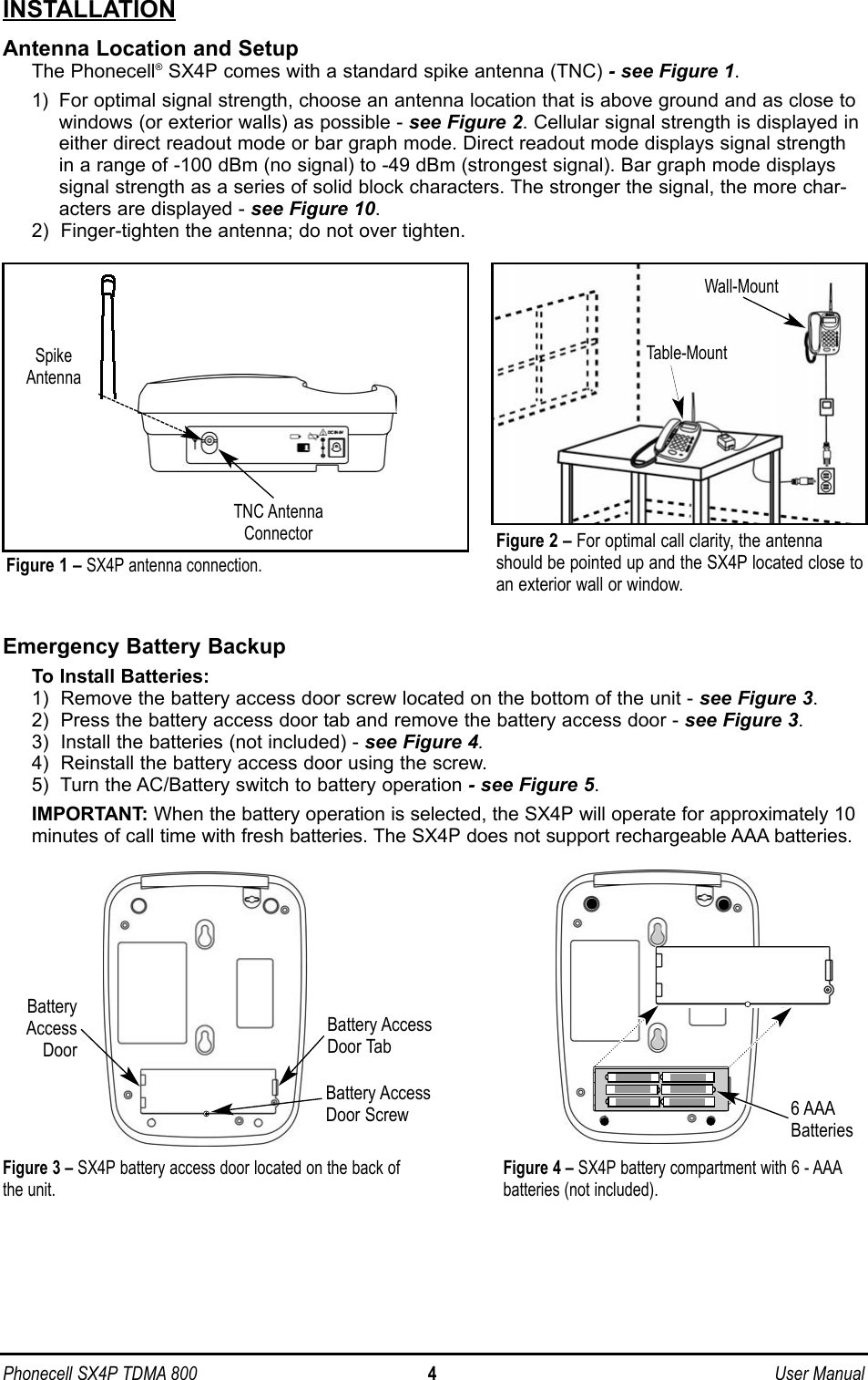 Phonecell SX4P TDMA 800 4 User ManualINSTALLATIONAntenna Location and SetupThe Phonecell® SX4P comes with a standard spike antenna (TNC) - see Figure 1.1)  For optimal signal strength, choose an antenna location that is above ground and as close towindows (or exterior walls) as possible - see Figure 2. Cellular signal strength is displayed ineither direct readout mode or bar graph mode. Direct readout mode displays signal strengthin a range of -100 dBm (no signal) to -49 dBm (strongest signal). Bar graph mode displayssignal strength as a series of solid block characters. The stronger the signal, the more char-acters are displayed - see Figure 10.2)  Finger-tighten the antenna; do not over tighten.Emergency Battery BackupTo Install Batteries:1)  Remove the battery access door screw located on the bottom of the unit - see Figure 3.2)  Press the battery access door tab and remove the battery access door - see Figure 3.3)  Install the batteries (not included) - see Figure 4.4)  Reinstall the battery access door using the screw.5)  Turn the AC/Battery switch to battery operation - see Figure 5.IMPORTANT: When the battery operation is selected, the SX4P will operate for approximately 10minutes of call time with fresh batteries. The SX4P does not support rechargeable AAA batteries.Figure 1 – SX4P antenna connection.Figure 2 – For optimal call clarity, the antennashould be pointed up and the SX4P located close toan exterior wall or window.Wall-MountTable-MountSpikeAntennaTNC AntennaConnectorBatteryAccessDoorBattery AccessDoor TabFigure 3 – SX4P battery access door located on the back ofthe unit.Figure 4 – SX4P battery compartment with 6 - AAAbatteries (not included).6 AAABatteriesBattery AccessDoor Screw