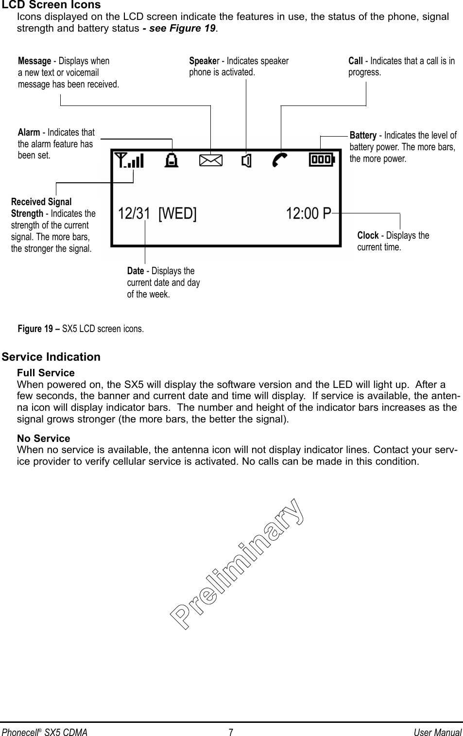 Phonecell®SX5 CDMA 7User ManualLCD Screen IconsIcons displayed on the LCD screen indicate the features in use, the status of the phone, signalstrength and battery status - see Figure 19.Service IndicationFull ServiceWhen powered on, the SX5 will display the software version and the LED will light up.  After afew seconds, the banner and current date and time will display.  If service is available, the anten-na icon will display indicator bars.  The number and height of the indicator bars increases as thesignal grows stronger (the more bars, the better the signal).No ServiceWhen no service is available, the antenna icon will not display indicator lines. Contact your serv-ice provider to verify cellular service is activated. No calls can be made in this condition.Figure 19 – SX5 LCD screen icons.Received SignalStrength - Indicates thestrength of the currentsignal. The more bars,the stronger the signal.Message - Displays when a new text or voicemail message has been received.Speaker - Indicates speakerphone is activated.Battery - Indicates the level ofbattery power. The more bars,the more power.Clock - Displays thecurrent time.Alarm - Indicates thatthe alarm feature hasbeen set.Call - Indicates that a call is inprogress.Date - Displays thecurrent date and dayof the week.PPrrelliimiinarryy