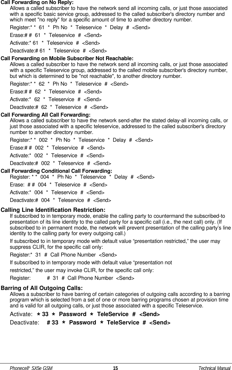 Call Forwarding on No Reply:Allows a called subscriber to have the network send all incoming calls, or just those associatedwith a specific basic service group, addressed to the called subscriber&apos;s directory number andwhich meet &quot;no reply&quot; for a specific amount of time to another directory number.Register:* *  61  *  Ph No  *  Teleservice  *  Delay  #  &lt;Send&gt;Erase:# #  61  *  Teleservice  #  &lt;Send&gt;Activate:* 61  *  Teleservice  #  &lt;Send&gt;Deactivate:# 61  *  Teleservice  #  &lt;Send&gt;Call Forwarding on Mobile Subscriber Not Reachable:Allows a called subscriber to have the network send all incoming calls, or just those associatedwith a specific Teleservice group, addressed to the called mobile subscriber&apos;s directory number,but which is determined to be &quot;not reachable&quot;, to another directory number.Register:* *  62  *  Ph No  *  Teleservice  #  &lt;Send&gt;Erase:# #  62  *  Teleservice  #  &lt;Send&gt;Activate:*  62  *  Teleservice  #  &lt;Send&gt;Deactivate:#  62  *  Teleservice  #  &lt;Send&gt;Call Forwarding All Call Forwarding:Allows a called subscriber to have the network send-after the stated delay-all incoming calls, orjust those associated with a specific teleservice, addressed to the called subscriber&apos;s directorynumber to another directory number.Register:* *  002  *  Ph No  *  Teleservice  *  Delay  #  &lt;Send&gt;Erase:# #  002  *  Teleservice  #  &lt;Send&gt;Activate:*  002  *  Teleservice  #  &lt;Send&gt;Deactivate:#  002  *  Teleservice  #  &lt;Send&gt;Call Forwarding Conditional Call Forwarding:Register: * *  004  *  Ph No  *  Teleservice  *  Delay  #  &lt;Send&gt;Erase:  # #  004  *  Teleservice  #  &lt;Send&gt;Activate:*  004  *  Teleservice  #  &lt;Send&gt;Deactivate:#  004  *  Teleservice  #  &lt;Send&gt;Calling Line Identification Restriction:If subscribed to in temporary mode, enable the calling party to countermand the subscribed-topresentation of its line identity to the called party for a specific call (i.e., the next call) only. (Ifsubscribed to in permanent mode, the network will prevent presentation of the calling party’s lineidentity to the calling party for every outgoing call.)If subscribed to in temporary mode with default value “presentation restricted,” the user maysuppress CLIR, for the specific call only:Register:*  31  #  Call Phone Number  &lt;Send&gt;If subscribed to in temporary mode with default value “presentation notrestricted,” the user may invoke CLIR, for the specific call only:Register: #  31  #  Call Phone Number  &lt;Send&gt;Barring of All Outgoing Calls:Allows a subscriber to have barring of certain categories of outgoing calls according to a barringprogram which is selected from a set of one or more barring programs chosen at provision timeand is valid for all outgoing calls, or just those associated with a specific Teleservice.Activate: *33  *Password  *TeleService  #  &lt;Send&gt;Deactivate: # 33  *Password  *TeleService  #  &lt;Send&gt;Phonecell®SX5e GSM 15 Technical Manual