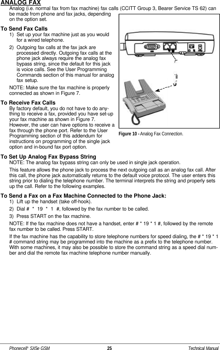 Phonecell®SX5e GSM 25 Technical ManualANALOG FAXAnalog (i.e. normal fax from fax machine) fax calls (CCITT Group 3, Bearer Service TS 62) canbe made from phone and fax jacks, dependingon the option set. To Send Fax Calls 1)  Set up your fax machine just as you wouldfor a wired telephone.2)  Outgoing fax calls at the fax jack areprocessed directly. Outgoing fax calls at thephone jack always require the analog faxbypass string, since the default for this jackis voice calls. See the User ProgrammingCommands section of this manual for analogfax setup.NOTE: Make sure the fax machine is properlyconnected as shown in Figure 7.To Receive Fax CallsBy factory default, you do not have to do any-thing to receive a fax, provided you have set-upyour fax machine as shown in Figure 7.However, the user can have options to receive afax through the phone port. Refer to the UserProgramming section of this addendum forinstructions on programming of the single jackoption and in-bound fax port option.To Set Up Analog Fax Bypass StringNOTE: The analog fax bypass string can only be used in single jack operation.This feature allows the phone jack to process the next outgoing call as an analog fax call. Afterthis call, the phone jack automatically returns to the default voice protocol. The user enters thisstring prior to dialing the telephone number. The terminal interprets the string and properly setsup the call. Refer to the following examples.To Send a Fax on a Fax Machine Connected to the Phone Jack:1)  Lift up the handset (take off-hook).2)  Dial #  *  19  *  1  #, followed by the fax number to be called.3)  Press START on the fax machine.NOTE: If the fax machine does not have a handset, enter # * 19 * 1 #, followed by the remotefax number to be called. Press START.If the fax machine has the capability to store telephone numbers for speed dialing, the # * 19 * 1# command string may be programmed into the machine as a prefix to the telephone number.With some machines, it may also be possible to store the command string as a speed dial num-ber and dial the remote fax machine telephone number manually.Figure 10 - Analog Fax Connection.