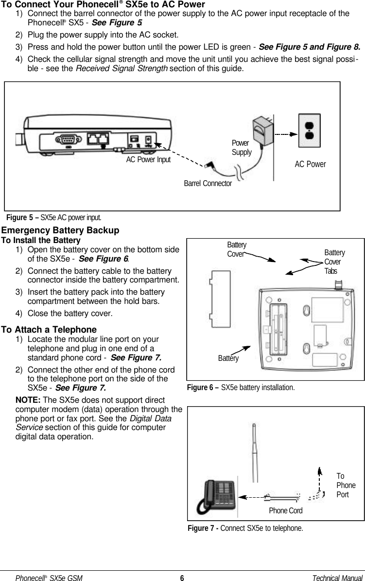 Phonecell®SX5e GSM 6Technical ManualTo Connect Your Phonecell®SX5e to AC Power1)  Connect the barrel connector of the power supply to the AC power input receptacle of thePhonecell®SX5 - See Figure 5.2)  Plug the power supply into the AC socket. 3)  Press and hold the power button until the power LED is green - See Figure 5 and Figure 8.4)  Check the cellular signal strength and move the unit until you achieve the best signal possi-ble - see the Received Signal Strength section of this guide.Emergency Battery BackupTo Install the Battery 1)  Open the battery cover on the bottom side of the SX5e -  See Figure 6.2)  Connect the battery cable to the battery connector inside the battery compartment.3)  Insert the battery pack into the battery compartment between the hold bars.4)  Close the battery cover.To Attach a Telephone1)  Locate the modular line port on your telephone and plug in one end of a standard phone cord -  See Figure 7.2)  Connect the other end of the phone cord to the telephone port on the side of the SX5e - See Figure 7.NOTE: The SX5e does not support direct computer modem (data) operation through thephone port or fax port. See the Digital DataService section of this guide for computer digital data operation.BatteryCoverTabsFigure 6 – SX5e battery installation.BatteryCoverBatteryFigure 7 - Connect SX5e to telephone.Phone CordToPhonePortFigure 5 –SX5e AC power input.AC PowerPowerSupplyBarrel ConnectorAC Power Input