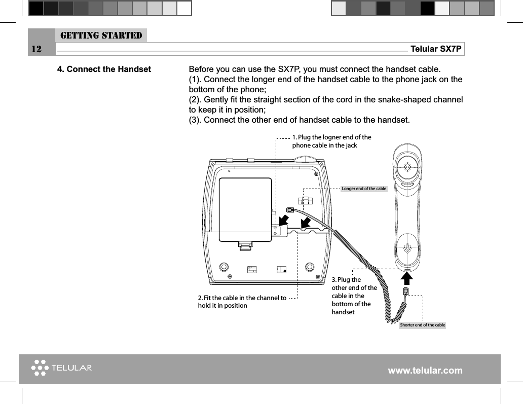 www.telular.comTelular SX7P124. Connect the Handset0LUGTHELOGNERENDOFTHEPHONECABLEINTHEJACK&amp;ITTHECABLEINTHECHANNELTOHOLDITINPOSITION0LUGTHEOTHERENDOFTHECABLEINTHEBOTTOMOFTHEHANDSET,ONGERENDOFTHECABLE3HORTERENDOFTHECABLEBefore you can use the SX7P, you must connect the handset cable.(1). Connect the longer end of the handset cable to the phone jack on the bottom of the phone;(2). Gently ﬁ t the straight section of the cord in the snake-shaped channel to keep it in position;(3). Connect the other end of handset cable to the handset.Getting started