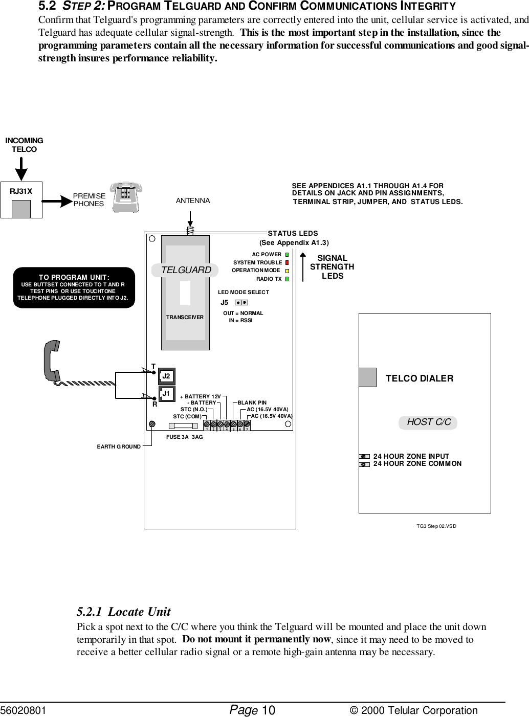 56020801         Page                             © 2000 Telular Corporation105.2 STEP 2: PROGRAM TELGUARD AND CONFIRM COMMUNICATIONS INTEGRITYConfirm that Telguard&apos;s programming parameters are correctly entered into the unit, cellular service is activated, andTelguard has adequate cellular signal-strength.  This is the most important step in the installation, since theprogramming parameters contain all the necessary information for successful communications and good signal-strength insures performance reliability. 5.2.1 Locate UnitPick a spot next to the C/C where you think the Telguard will be mounted and place the unit downtemporarily in that spot.  Do not mount it permanently now, since it may need to be moved toreceive a better cellular radio signal or a remote high-gain antenna may be necessary.TG3 Step 02.VSDHOST C/C24 HOUR ZONE COMMON24 HOUR ZONE INPUTTELCO DIALERDETAILS ON JACK AND PIN ASSIGNMENTS,TERMINAL STRIP, JUMPER, AND  STATUS LEDS.SEE APPENDICES A1.1 THROUGH A1.4 FORJ2FUSE 3A  3AGSIGNALSTRENGTHLEDSSTATUS LEDS(See Appendix A1.3)TR123456STC (COM)STC (N.O.)+ BATTERY 12V- BATTERY7AC (16.5V 40VA)AC (16.5V 40VA)BLANK PINJ1TO PROGRAM UNIT:USE BUTTSET CONNECTED TO T AND RTEST PINS  OR USE TOUCHTONETELEPHONE PLUGGED DIRECTLY INTO J2.EARTH G ROUNDRAC POWERSYSTEM TROUBLERADIO TXOPERATION MODEANTENNATRANSCEIVERRJ31XPREMISEPHONESINCOMINGTELCOTELGUARDLED MODE SELECTJ5IN = RSSIOUT = NORMAL