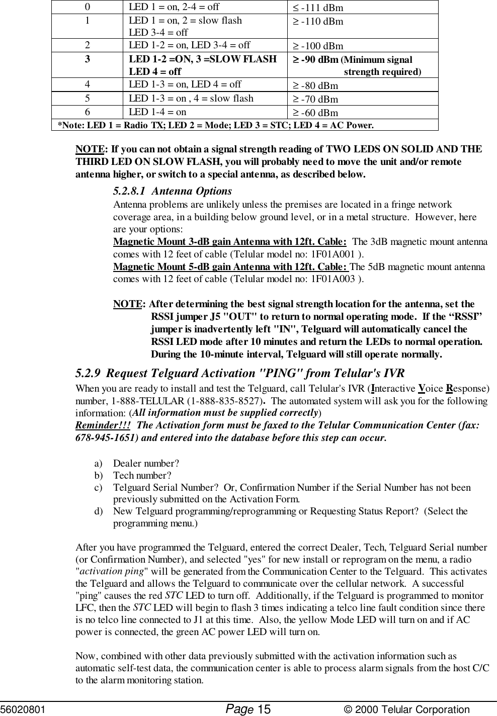56020801         Page                             © 2000 Telular Corporation150 LED 1 = on, 2-4 = off ≤ -111 dBm1 LED 1 = on, 2 = slow flashLED 3-4 = off ≥ -110 dBm2 LED 1-2 = on, LED 3-4 = off ≥ -100 dBm3 LED 1-2 =ON, 3 =SLOW FLASHLED 4 = off ≥≥≥≥ -90 dBm (Minimum signalstrength required)4 LED 1-3 = on, LED 4 = off ≥ -80 dBm5 LED 1-3 = on , 4 = slow flash ≥ -70 dBm6 LED 1-4 = on ≥ -60 dBm*Note: LED 1 = Radio TX; LED 2 = Mode; LED 3 = STC; LED 4 = AC Power.NOTE: If you can not obtain a signal strength reading of TWO LEDS ON SOLID AND THETHIRD LED ON SLOW FLASH, you will probably need to move the unit and/or remoteantenna higher, or switch to a special antenna, as described below.5.2.8.1 Antenna OptionsAntenna problems are unlikely unless the premises are located in a fringe networkcoverage area, in a building below ground level, or in a metal structure.  However, hereare your options:Magnetic Mount 3-dB gain Antenna with 12ft. Cable:  The 3dB magnetic mount antennacomes with 12 feet of cable (Telular model no: 1F01A001 ).Magnetic Mount 5-dB gain Antenna with 12ft. Cable: The 5dB magnetic mount antennacomes with 12 feet of cable (Telular model no: 1F01A003 ).NOTE: After determining the best signal strength location for the antenna, set theRSSI jumper J5 &quot;OUT&quot; to return to normal operating mode.  If the “RSSI”jumper is inadvertently left &quot;IN&quot;, Telguard will automatically cancel theRSSI LED mode after 10 minutes and return the LEDs to normal operation. During the 10-minute interval, Telguard will still operate normally.5.2.9 Request Telguard Activation &quot;PING&quot; from Telular&apos;s IVRWhen you are ready to install and test the Telguard, call Telular&apos;s IVR (Interactive Voice Response)number, 1-888-TELULAR (1-888-835-8527).  The automated system will ask you for the followinginformation: (All information must be supplied correctly) Reminder!!! The Activation form must be faxed to the Telular Communication Center (fax:678-945-1651) and entered into the database before this step can occur.a) Dealer number? b) Tech number? c) Telguard Serial Number?  Or, Confirmation Number if the Serial Number has not beenpreviously submitted on the Activation Form.d) New Telguard programming/reprogramming or Requesting Status Report?  (Select theprogramming menu.)After you have programmed the Telguard, entered the correct Dealer, Tech, Telguard Serial number(or Confirmation Number), and selected &quot;yes&quot; for new install or reprogram on the menu, a radio&quot;activation ping&quot; will be generated from the Communication Center to the Telguard.  This activatesthe Telguard and allows the Telguard to communicate over the cellular network.  A successful&quot;ping&quot; causes the red STC LED to turn off.  Additionally, if the Telguard is programmed to monitorLFC, then the STC LED will begin to flash 3 times indicating a telco line fault condition since thereis no telco line connected to J1 at this time.  Also, the yellow Mode LED will turn on and if ACpower is connected, the green AC power LED will turn on. Now, combined with other data previously submitted with the activation information such asautomatic self-test data, the communication center is able to process alarm signals from the host C/Cto the alarm monitoring station.