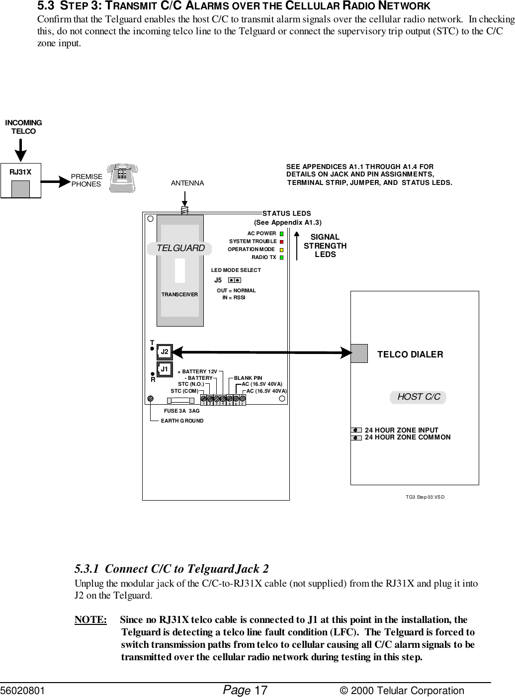 56020801         Page                             © 2000 Telular Corporation175.3 STEP 3: TRANSMIT C/C ALARMS OVER THE CELLULAR RADIO NETWORKConfirm that the Telguard enables the host C/C to transmit alarm signals over the cellular radio network.  In checkingthis, do not connect the incoming telco line to the Telguard or connect the supervisory trip output (STC) to the C/Czone input.5.3.1 Connect C/C to Telguard    Jack 2 Unplug the modular jack of the C/C-to-RJ31X cable (not supplied) from the RJ31X and plug it intoJ2 on the Telguard. NOTE: Since no RJ31X telco cable is connected to J1 at this point in the installation, theTelguard is detecting a telco line fault condition (LFC).  The Telguard is forced toswitch transmission paths from telco to cellular causing all C/C alarm signals to betransmitted over the cellular radio network during testing in this step. TG3 Step 03.VSDHOST C/C24 HOUR ZONE COMMON24 HOUR ZONE INPUTTELCO DIALERDETAILS ON JACK AND PIN ASSIGNMENTS,TERMINAL STRIP, JUMPER, AND  STATUS LEDS.SEE APPENDICES A1.1 THROUGH A1.4 FORJ2FUSE 3A  3AGTR12 34 56STC (COM)STC (N.O.)+ BATTERY 12V- BATTERY7AC (16.5V 40VA)AC (16.5V 40VA)BLANK PINJ1EARTH G ROUNDRANTENNATRANSCEIVERRJ31XPREMISEPHONESINCOMINGTELCOTELGUARDLED MODE SELECTJ5IN = RSSIOUT = NORMALSIGNALSTRENGTHLEDSAC POWERSYSTEM TROUBLERADIO TXOPERATION MODESTATUS LEDS(See Appendix A1.3)