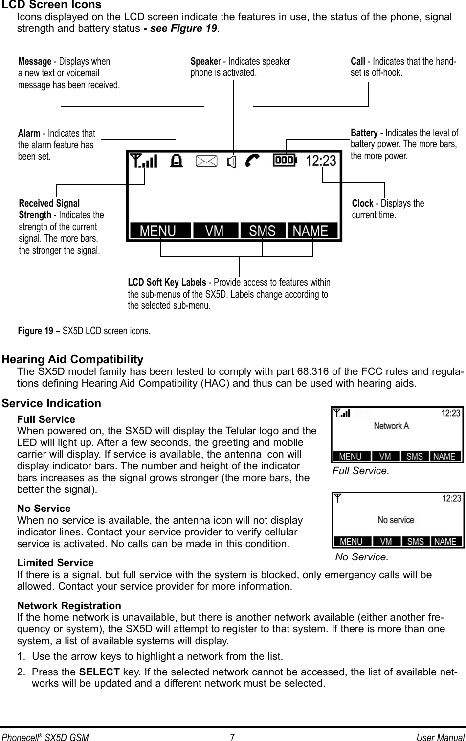 Phonecell®SX5D GSM 7User ManualLCD Screen IconsIcons displayed on the LCD screen indicate the features in use, the status of the phone, signalstrength and battery status - see Figure 19.Hearing Aid CompatibilityThe SX5D model family has been tested to comply with part 68.316 of the FCC rules and regula-tions defining Hearing Aid Compatibility (HAC) and thus can be used with hearing aids.Service IndicationFull ServiceWhen powered on, the SX5D will display the Telular logo and theLED will light up. After a few seconds, the greeting and mobilecarrier will display. If service is available, the antenna icon willdisplay indicator bars. The number and height of the indicatorbars increases as the signal grows stronger (the more bars, thebetter the signal).No ServiceWhen no service is available, the antenna icon will not displayindicator lines. Contact your service provider to verify cellularservice is activated. No calls can be made in this condition.Limited ServiceIf there is a signal, but full service with the system is blocked, only emergency calls will beallowed. Contact your service provider for more information.Network RegistrationIf the home network is unavailable, but there is another network available (either another fre-quency or system), the SX5D will attempt to register to that system. If there is more than onesystem, a list of available systems will display. 1.  Use the arrow keys to highlight a network from the list.2.  Press the SELECT key. If the selected network cannot be accessed, the list of available net-works will be updated and a different network must be selected.No Service.Full Service.Figure 19 – SX5D LCD screen icons.Received SignalStrength - Indicates thestrength of the currentsignal. The more bars,the stronger the signal.Message - Displays when a new text or voicemail message has been received.Speaker - Indicates speakerphone is activated.Battery - Indicates the level ofbattery power. The more bars,the more power.Clock - Displays thecurrent time.LCD Soft Key Labels - Provide access to features withinthe sub-menus of the SX5D. Labels change according tothe selected sub-menu.Alarm - Indicates thatthe alarm feature hasbeen set.Call - Indicates that the hand-set is off-hook.