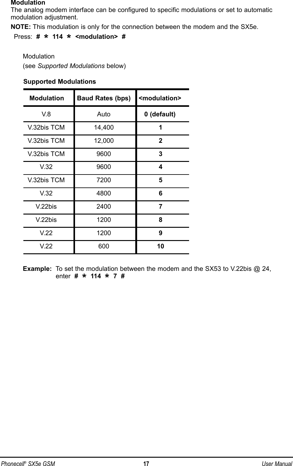 ModulationThe analog modem interface can be configured to specific modulations or set to automatic modulation adjustment. NOTE: This modulation is only for the connection between the modem and the SX5e.Press:  #  *114  *&lt;modulation&gt;  # Modulation(see Supported Modulations below)Example: To set the modulation between the modem and the SX53 to V.22bis @ 24, enter  #  *114  *7  #Phonecell®SX5e GSM 17 User ManualSupported ModulationsModulation Baud Rates (bps) &lt;modulation&gt;V.8 Auto 0 (default)V.32bis TCM 14,400 1V.32bis TCM 12,000 2V.32bis TCM 9600 3V.32 9600 4V.32bis TCM 7200 5V.32 4800 6V.22bis 2400 7V.22bis 1200 8V.22 1200 9V.22 600 10