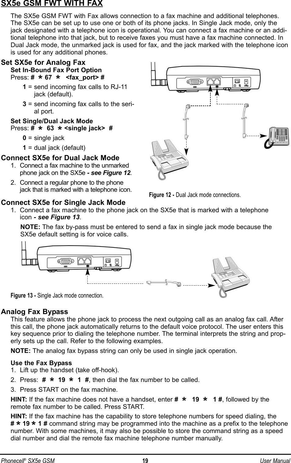 Phonecell®SX5e GSM 19 User ManualSX5e GSM FWT WITH FAXThe SX5e GSM FWT with Fax allows connection to a fax machine and additional telephones.The SX5e can be set up to use one or both of its phone jacks. In Single Jack mode, only thejack designated with a telephone icon is operational. You can connect a fax machine or an addi-tional telephone into that jack, but to receive faxes you must have a fax machine connected. InDual Jack mode, the unmarked jack is used for fax, and the jack marked with the telephone iconis used for any additional phones.Set SX5e for Analog FaxSet In-Bound Fax Port OptionPress: #  *67  *  &lt;fax_port&gt; #1= send incoming fax calls to RJ-11jack (default).3= send incoming fax calls to the seri-al port. Set Single/Dual Jack ModePress: #  *63  *&lt;single jack&gt;  #0= single jack1= dual jack (default)Connect SX5e for Dual Jack Mode1.  Connect a fax machine to the unmarkedphone jack on the SX5e - see Figure 12.2.  Connect a regular phone to the phonejack that is marked with a telephone icon.Connect SX5e for Single Jack Mode1.  Connect a fax machine to the phone jack on the SX5e that is marked with a telephone icon - see Figure 13.NOTE: The fax by-pass must be entered to send a fax in single jack mode because the SX5e default setting is for voice calls.Analog Fax Bypass This feature allows the phone jack to process the next outgoing call as an analog fax call. Afterthis call, the phone jack automatically returns to the default voice protocol. The user enters thiskey sequence prior to dialing the telephone number. The terminal interprets the string and prop-erly sets up the call. Refer to the following examples.NOTE: The analog fax bypass string can only be used in single jack operation.Use the Fax Bypass1.  Lift up the handset (take off-hook).2.  Press:  #  *19  *1  #, then dial the fax number to be called.3.  Press START on the fax machine.HINT: If the fax machine does not have a handset, enter #  *  19  *  1 #, followed by theremote fax number to be called. Press START.HINT: If the fax machine has the capability to store telephone numbers for speed dialing, the # *19 *1 # command string may be programmed into the machine as a prefix to the telephonenumber. With some machines, it may also be possible to store the command string as a speeddial number and dial the remote fax machine telephone number manually.Figure 12 - Dual Jack mode connections.Figure 13 - Single Jack mode connection.