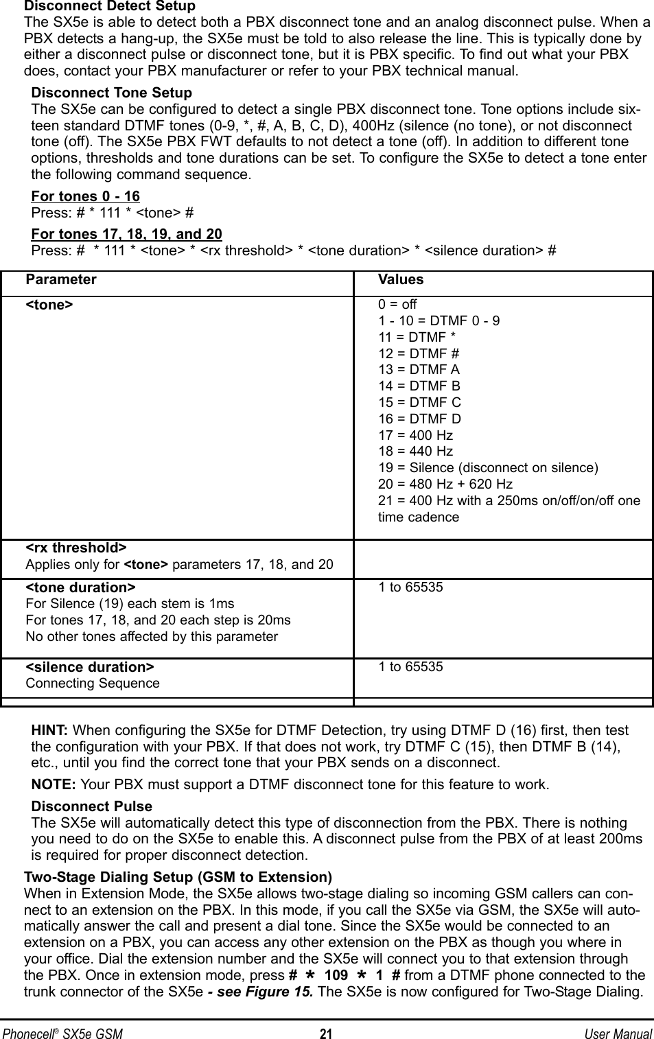 Disconnect Detect SetupThe SX5e is able to detect both a PBX disconnect tone and an analog disconnect pulse. When aPBX detects a hang-up, the SX5e must be told to also release the line. This is typically done byeither a disconnect pulse or disconnect tone, but it is PBX specific. To find out what your PBXdoes, contact your PBX manufacturer or refer to your PBX technical manual.Disconnect Tone SetupThe SX5e can be configured to detect a single PBX disconnect tone. Tone options include six-teen standard DTMF tones (0-9, *, #, A, B, C, D), 400Hz (silence (no tone), or not disconnecttone (off). The SX5e PBX FWT defaults to not detect a tone (off). In addition to different toneoptions, thresholds and tone durations can be set. To configure the SX5e to detect a tone enterthe following command sequence.For tones 0 - 16Press: # * 111 * &lt;tone&gt; #For tones 17, 18, 19, and 20Press: #  * 111 * &lt;tone&gt; * &lt;rx threshold&gt; * &lt;tone duration&gt; * &lt;silence duration&gt; #HINT: When configuring the SX5e for DTMF Detection, try using DTMF D (16) first, then testthe configuration with your PBX. If that does not work, try DTMF C (15), then DTMF B (14),etc., until you find the correct tone that your PBX sends on a disconnect.NOTE: Your PBX must support a DTMF disconnect tone for this feature to work.Disconnect PulseThe SX5e will automatically detect this type of disconnection from the PBX. There is nothingyou need to do on the SX5e to enable this. A disconnect pulse from the PBX of at least 200msis required for proper disconnect detection.Two-Stage Dialing Setup (GSM to Extension)When in Extension Mode, the SX5e allows two-stage dialing so incoming GSM callers can con-nect to an extension on the PBX. In this mode, if you call the SX5e via GSM, the SX5e will auto-matically answer the call and present a dial tone. Since the SX5e would be connected to anextension on a PBX, you can access any other extension on the PBX as though you where inyour office. Dial the extension number and the SX5e will connect you to that extension throughthe PBX. Once in extension mode, press #  *109  *1  # from a DTMF phone connected to thetrunk connector of the SX5e - see Figure 15. The SX5e is now configured for Two-Stage Dialing.Phonecell®SX5e GSM 21 User ManualParameter Values&lt;tone&gt; 0 = off1 - 10 = DTMF 0 - 911 = DTMF *12 = DTMF #13 = DTMF A14 = DTMF B15 = DTMF C16 = DTMF D17 = 400 Hz18 = 440 Hz19 = Silence (disconnect on silence)20 = 480 Hz + 620 Hz21 = 400 Hz with a 250ms on/off/on/off onetime cadence&lt;rx threshold&gt;Applies only for &lt;tone&gt; parameters 17, 18, and 20&lt;tone duration&gt;For Silence (19) each stem is 1msFor tones 17, 18, and 20 each step is 20msNo other tones affected by this parameter1 to 65535&lt;silence duration&gt;Connecting Sequence1 to 65535