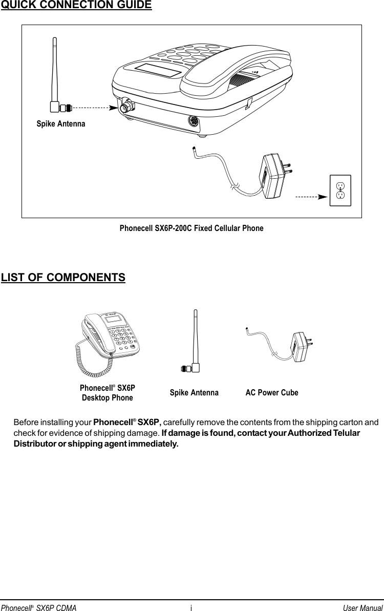 QUICK CONNECTION GUIDEPhonecell SX6P-200C Fixed Cellular PhoneLIST OF COMPONENTSBefore installing your Phonecell®SX6P,carefully remove the contents from the shipping carton andcheck for evidence of shipping damage. If damage is found, contact your Authorized TelularDistributor or shipping agent immediately.Phonecell®SX6P Desktop Phone Spike Antenna AC Power CubeSpike AntennaPhonecell®SX6P CDMA iUser Manual