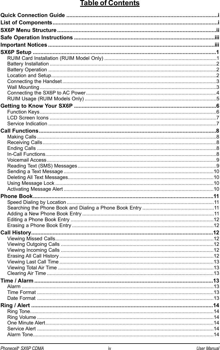 Table of ContentsQuick Connection Guide ...................................................................................................iList of Components............................................................................................................iSX6P Menu Structure ........................................................................................................iiSafe Operation Instructions ............................................................................................iiiImportant Notices .............................................................................................................iiiSX6P Setup ........................................................................................................................1RUIM Card Installation (RUIM Model Only) ................................................................................1Battery Installation .......................................................................................................................2Battery Operation ........................................................................................................................2Location and Setup......................................................................................................................2Connecting the Handset ..............................................................................................................3Wall Mounting ..............................................................................................................................3Connecting the SX6P to AC Power.............................................................................................4RUIM Usage (RUIM Models Only) ..............................................................................................5Getting to Know Your SX6P .............................................................................................6Function Keys..............................................................................................................................6LCD Screen Icons .......................................................................................................................7Service Indication ........................................................................................................................7Call Functions....................................................................................................................8Making Calls ................................................................................................................................8Receiving Calls............................................................................................................................8Ending Calls ................................................................................................................................8In-Call Functions..........................................................................................................................8Voicemail Access.........................................................................................................................9Reading Text (SMS) Messages...................................................................................................9Sending a Text Message ...........................................................................................................10Deleting All Text Messages........................................................................................................10Using Message Lock .................................................................................................................10Activating Message Alert ...........................................................................................................10Phone Book......................................................................................................................11Speed Dialing by Location .........................................................................................................11Searching the Phone Book and Dialing a Phone Book Entry ...................................................11Adding a New Phone Book Entry ..............................................................................................11Editing a Phone Book Entry ......................................................................................................12Erasing a Phone Book Entry .....................................................................................................12Call History.......................................................................................................................12Viewing Missed Calls.................................................................................................................12Viewing Outgoing Calls .............................................................................................................12Viewing Incoming Calls .............................................................................................................12Erasing All Call History ..............................................................................................................12Viewing Last Call Time ..............................................................................................................13Viewing Total Air Time ...............................................................................................................13Clearing Air Time .......................................................................................................................13Time / Alarm .....................................................................................................................13Alarm .........................................................................................................................................13Time Format ..............................................................................................................................13Date Format ..............................................................................................................................13Ring / Alert .......................................................................................................................14Ring Tone...................................................................................................................................14Ring Volume ..............................................................................................................................14One Minute Alert........................................................................................................................14Service Alert ..............................................................................................................................14Alarm Tone.................................................................................................................................14Phonecell®SX6P CDMA iv User Manual