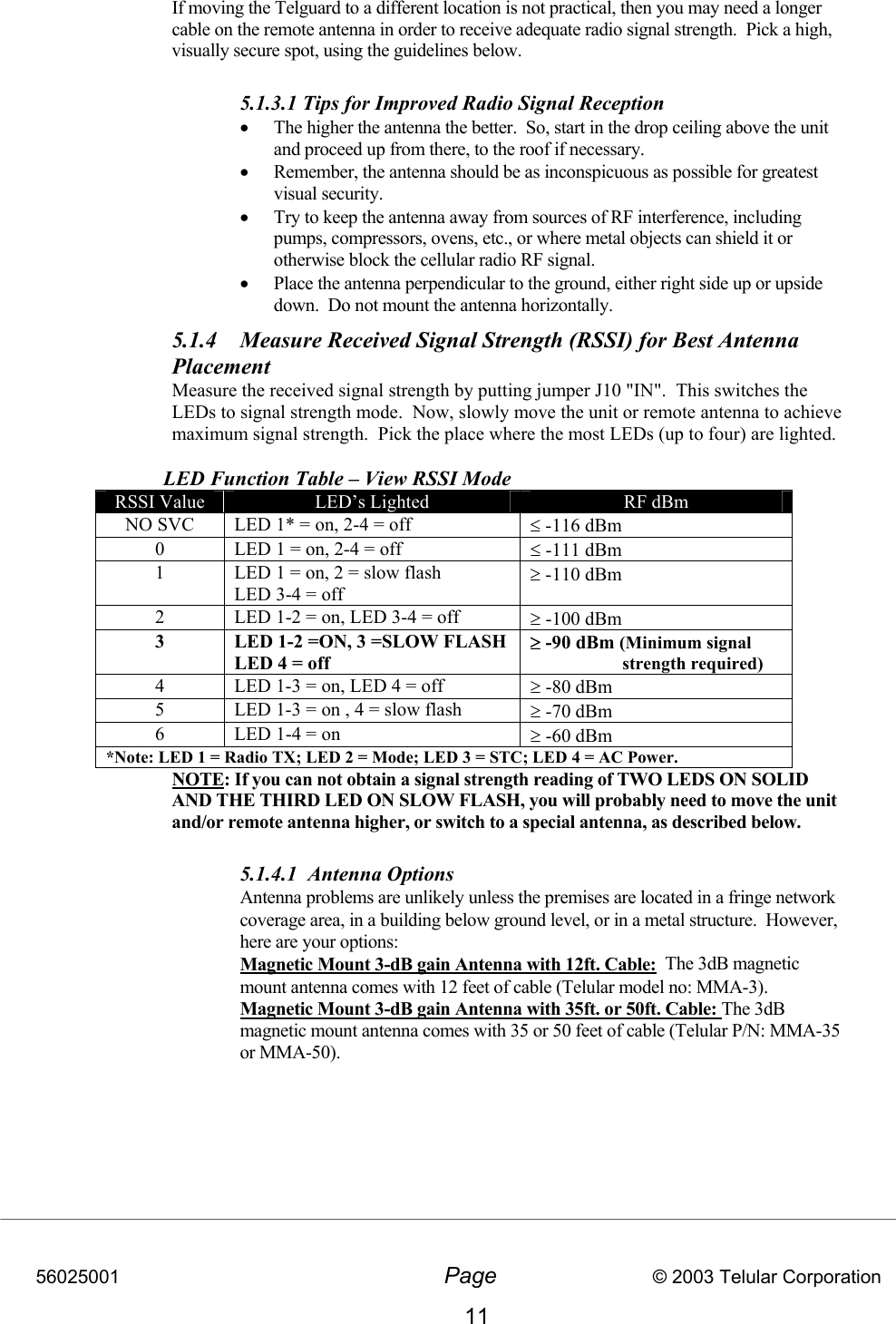 56025001  Page                           © 2003 Telular Corporation 11 If moving the Telguard to a different location is not practical, then you may need a longer cable on the remote antenna in order to receive adequate radio signal strength.  Pick a high, visually secure spot, using the guidelines below.    5.1.3.1 Tips for Improved Radio Signal Reception  •  The higher the antenna the better.  So, start in the drop ceiling above the unit and proceed up from there, to the roof if necessary.   •  Remember, the antenna should be as inconspicuous as possible for greatest visual security.   •  Try to keep the antenna away from sources of RF interference, including pumps, compressors, ovens, etc., or where metal objects can shield it or otherwise block the cellular radio RF signal. •  Place the antenna perpendicular to the ground, either right side up or upside down.  Do not mount the antenna horizontally. 5.1.4  Measure Received Signal Strength (RSSI) for Best Antenna Placement Measure the received signal strength by putting jumper J10 &quot;IN&quot;.  This switches the LEDs to signal strength mode.  Now, slowly move the unit or remote antenna to achieve maximum signal strength.  Pick the place where the most LEDs (up to four) are lighted.    LED Function Table – View RSSI Mode  RSSI Value  LED’s Lighted  RF dBm NO SVC  LED 1* = on, 2-4 = off  ≤ -116 dBm 0  LED 1 = on, 2-4 = off  ≤ -111 dBm 1  LED 1 = on, 2 = slow flash LED 3-4 = off ≥ -110 dBm 2  LED 1-2 = on, LED 3-4 = off  ≥ -100 dBm  3  LED 1-2 =ON, 3 =SLOW FLASH LED 4 = off ≥ -90 dBm (Minimum signal strength required) 4  LED 1-3 = on, LED 4 = off   ≥ -80 dBm 5  LED 1-3 = on , 4 = slow flash  ≥ -70 dBm 6  LED 1-4 = on  ≥ -60 dBm *Note: LED 1 = Radio TX; LED 2 = Mode; LED 3 = STC; LED 4 = AC Power. NOTE: If you can not obtain a signal strength reading of TWO LEDS ON SOLID AND THE THIRD LED ON SLOW FLASH, you will probably need to move the unit and/or remote antenna higher, or switch to a special antenna, as described below.  5.1.4.1 Antenna Options Antenna problems are unlikely unless the premises are located in a fringe network coverage area, in a building below ground level, or in a metal structure.  However, here are your options:   Magnetic Mount 3-dB gain Antenna with 12ft. Cable:  The 3dB magnetic mount antenna comes with 12 feet of cable (Telular model no: MMA-3). Magnetic Mount 3-dB gain Antenna with 35ft. or 50ft. Cable: The 3dB magnetic mount antenna comes with 35 or 50 feet of cable (Telular P/N: MMA-35 or MMA-50).  