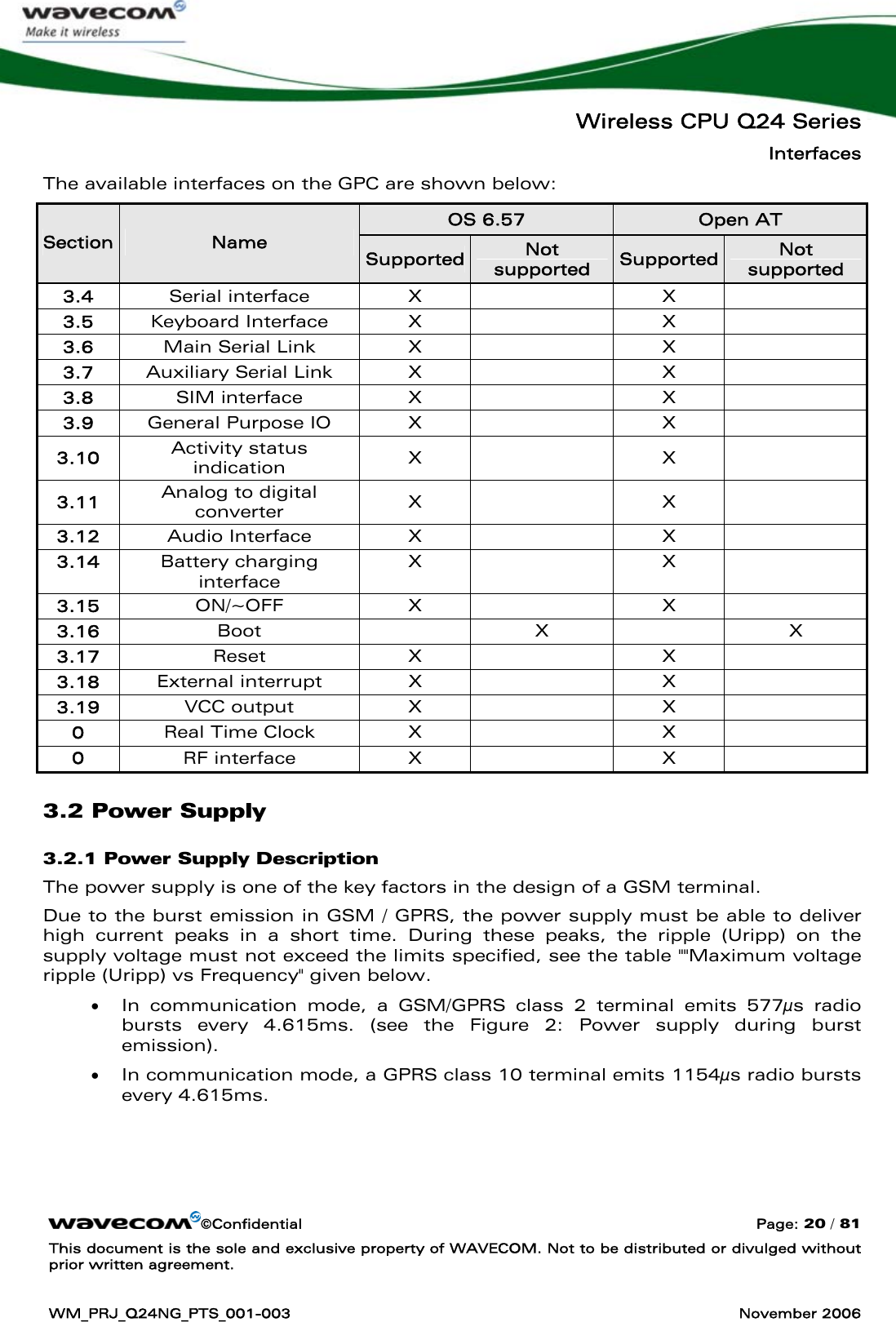   Wireless CPU Q24 Series Interfaces ©Confidential  Page: 20 / 81 This document is the sole and exclusive property of WAVECOM. Not to be distributed or divulged without prior written agreement.  WM_PRJ_Q24NG_PTS_001-003  November 2006  The available interfaces on the GPC are shown below: OS 6.57  Open AT Section  Name Supported Not supported  Supported  Not supported 3.4  Serial interface X  X  3.5  Keyboard Interface X  X  3.6  Main Serial Link  X    X   3.7  Auxiliary Serial Link  X    X   3.8  SIM interface X  X  3.9  General Purpose IO  X    X   3.10  Activity status indication  X  X  3.11  Analog to digital converter  X  X  3.12  Audio Interface X  X  3.14  Battery charging interface X  X  3.15  ON/~OFF  X  X  3.16  Boot  X  X 3.17  Reset  X  X  3.18  External interrupt X  X  3.19  VCC output X  X  0  Real Time Clock   X    X   0  RF interface X  X  3.2 Power Supply 3.2.1 Power Supply Description The power supply is one of the key factors in the design of a GSM terminal.  Due to the burst emission in GSM / GPRS, the power supply must be able to deliver high current peaks in a short time. During these peaks, the ripple (Uripp) on the supply voltage must not exceed the limits specified, see the table &quot;&quot;Maximum voltage ripple (Uripp) vs Frequency&quot; given below. • In communication mode, a GSM/GPRS class 2 terminal emits 577μs radio bursts every 4.615ms. (see the Figure 2: Power supply during burst emission). • In communication mode, a GPRS class 10 terminal emits 1154μs radio bursts every 4.615ms. 
