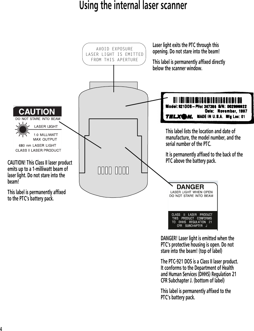 Using the internal laser scannerDANGER! Laser light is emitted when thePTC&rsquo;s protective housing is open. Do notstare into the beam! (top of label)The PTC-921 DOS is a Class II laser product.It conforms to the Department of Healthand Human Services (DHHS) Regulation 21CFR Subchapter J. (bottom of label)This label is permanently affixed to thePTC&rsquo;s battery pack.CAUTION! This Class II laser productemits up to a 1-milliwatt beam oflaser light. Do not stare into thebeam!This label is permanently affixedto the PTC&rsquo;s battery pack.This label lists the location and date ofmanufacture, the model number, and theserial number of the PTC.It is permanently affixed to the back of thePTC above the battery pack.AVOID EXPOSURELASER LIGHT IS EMITTEDFROM THIS APERTURELaser light exits the PTC through thisopening. Do not stare into the beam!This label is permanently affixed directlybelow the scanner window.4