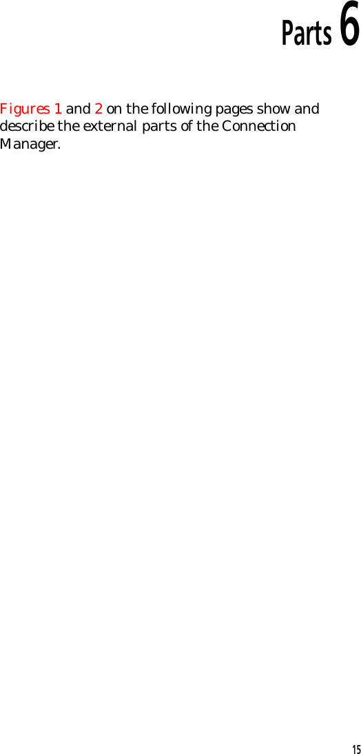 Parts 6Figures 1 and 2 on the following pages show anddescribe the external parts of the ConnectionManager.15