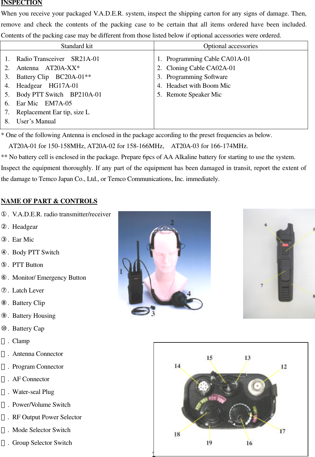 2  INSPECTION When you receive your packaged V.A.D.E.R. system, inspect the shipping carton for any signs of damage. Then, remove and check the contents of the packing case to be certain that all items ordered have been included. Contents of the packing case may be different from those listed below if optional accessories were ordered. Standard kit Optional accessories 1.  Radio Transceiver  SR21A-01 2.  Antenna  AT20A-XX* 3.  Battery Clip  BC20A-01** 4.  Headgear  HG17A-01 5.  Body PTT Switch  BP210A-01 6.  Ear Mic  EM7A-05 7.  Replacement Ear tip, size L 8.  User&rsquo;s Manual 1.  Programming Cable CA01A-01 2.  Cloning Cable CA02A-01 3.  Programming Software 4.  Headset with Boom Mic 5.  Remote Speaker Mic   * One of the following Antenna is enclosed in the package according to the preset frequencies as below. AT20A-01 for 150-158MHz, AT20A-02 for 158-166MHz,  AT20A-03 for 166-174MHz. ** No battery cell is enclosed in the package. Prepare 6pcs of AA Alkaline battery for starting to use the system. Inspect the equipment thoroughly. If any part of the equipment has been damaged in transit, report the extent of the damage to Temco Japan Co., Ltd., or Temco Communications, Inc. immediately.  NAME OF PART &amp; CONTROLS ①. V.A.D.E.R. radio transmitter/receiver ②. Headgear ③. Ear Mic ④. Body PTT Switch ⑤. PTT Button ⑥. Monitor/ Emergency Button ⑦. Latch Lever ⑧. Battery Clip ⑨. Battery Housing ⑩. Battery Cap ⑪. Clamp ⑫. Antenna Connector ⑬. Program Connector ⑭. AF Connector ⑮. Water-seal Plug ⑯. Power/Volume Switch ⑰. RF Output Power Selector ⑱. Mode Selector Switch ⑲. Group Selector Switch   