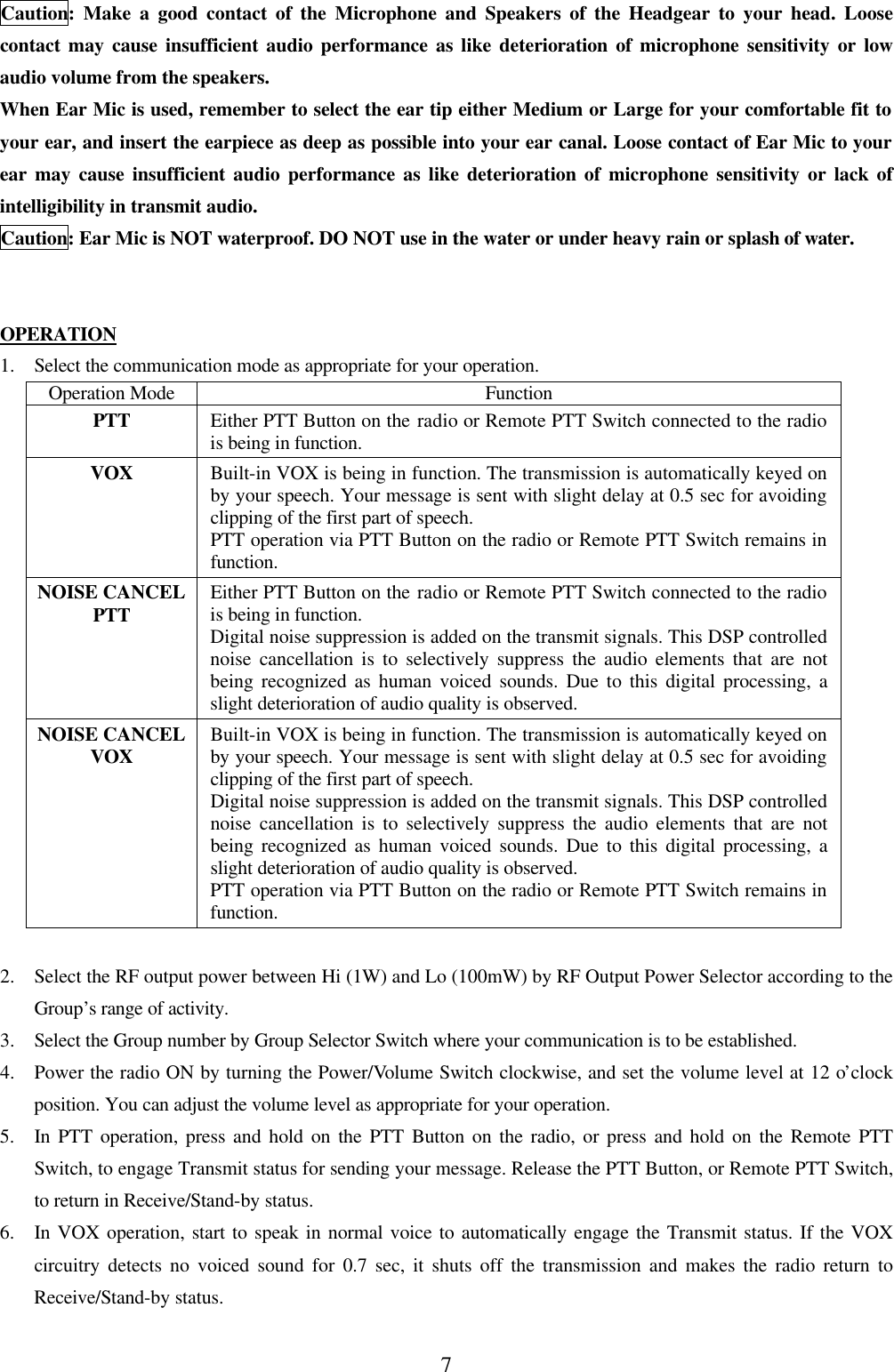 7 Caution: Make a good contact of the Microphone and Speakers of the Headgear to your head. Loose contact may cause insufficient audio performance as like deterioration of microphone sensitivity or low audio volume from the speakers. When Ear Mic is used, remember to select the ear tip either Medium or Large for your comfortable fit to your ear, and insert the earpiece as deep as possible into your ear canal. Loose contact of Ear Mic to your ear may cause insufficient audio performance as like deterioration of microphone sensitivity or lack of intelligibility in transmit audio.   Caution: Ear Mic is NOT waterproof. DO NOT use in the water or under heavy rain or splash of water.   OPERATION 1.  Select the communication mode as appropriate for your operation.  Operation Mode Function  PTT Either PTT Button on the radio or Remote PTT Switch connected to the radio is being in function.  VOX Built-in VOX is being in function. The transmission is automatically keyed on by your speech. Your message is sent with slight delay at 0.5 sec for avoiding clipping of the first part of speech. PTT operation via PTT Button on the radio or Remote PTT Switch remains in function.    NOISE CANCEL PTT Either PTT Button on the radio or Remote PTT Switch connected to the radio is being in function. Digital noise suppression is added on the transmit signals. This DSP controlled noise cancellation is to selectively suppress the audio elements that are not being recognized as human voiced sounds. Due to this digital processing, a slight deterioration of audio quality is observed.      NOISE CANCEL VOX Built-in VOX is being in function. The transmission is automatically keyed on by your speech. Your message is sent with slight delay at 0.5 sec for avoiding clipping of the first part of speech. Digital noise suppression is added on the transmit signals. This DSP controlled noise cancellation is to selectively suppress the audio elements that are not being recognized as human voiced sounds. Due to this digital processing, a slight deterioration of audio quality is observed.     PTT operation via PTT Button on the radio or Remote PTT Switch remains in function.    2.  Select the RF output power between Hi (1W) and Lo (100mW) by RF Output Power Selector according to the Group&rsquo;s range of activity. 3.  Select the Group number by Group Selector Switch where your communication is to be established. 4.  Power the radio ON by turning the Power/Volume Switch clockwise, and set the volume level at 12 o&rsquo;clock position. You can adjust the volume level as appropriate for your operation. 5.  In PTT operation, press and hold on the PTT Button on the radio, or press and hold on the Remote PTT Switch, to engage Transmit status for sending your message. Release the PTT Button, or Remote PTT Switch, to return in Receive/Stand-by status. 6.  In VOX operation, start to speak in normal voice to automatically engage the Transmit status. If the VOX circuitry detects no voiced sound for 0.7 sec, it shuts off the transmission and makes the radio return to Receive/Stand-by status.  