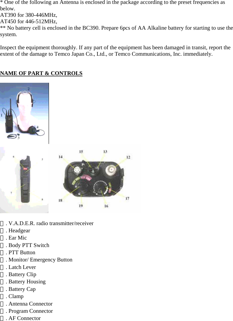 * One of the following an Antenna is enclosed in the package according to the preset frequencies as below. AT390 for 380-446MHz, AT450 for 446-512MHz,   ** No battery cell is enclosed in the BC390. Prepare 6pcs of AA Alkaline battery for starting to use the system.  Inspect the equipment thoroughly. If any part of the equipment has been damaged in transit, report the extent of the damage to Temco Japan Co., Ltd., or Temco Communications, Inc. immediately.   NAME OF PART &amp; CONTROLS     ①. V.A.D.E.R. radio transmitter/receiver ②. Headgear ③. Ear Mic ④. Body PTT Switch ⑤. PTT Button ⑥. Monitor/ Emergency Button ⑦. Latch Lever ⑧. Battery Clip ⑨. Battery Housing ⑩. Battery Cap ⑪. Clamp ⑫. Antenna Connector ⑬. Program Connector ⑭. AF Connector 
