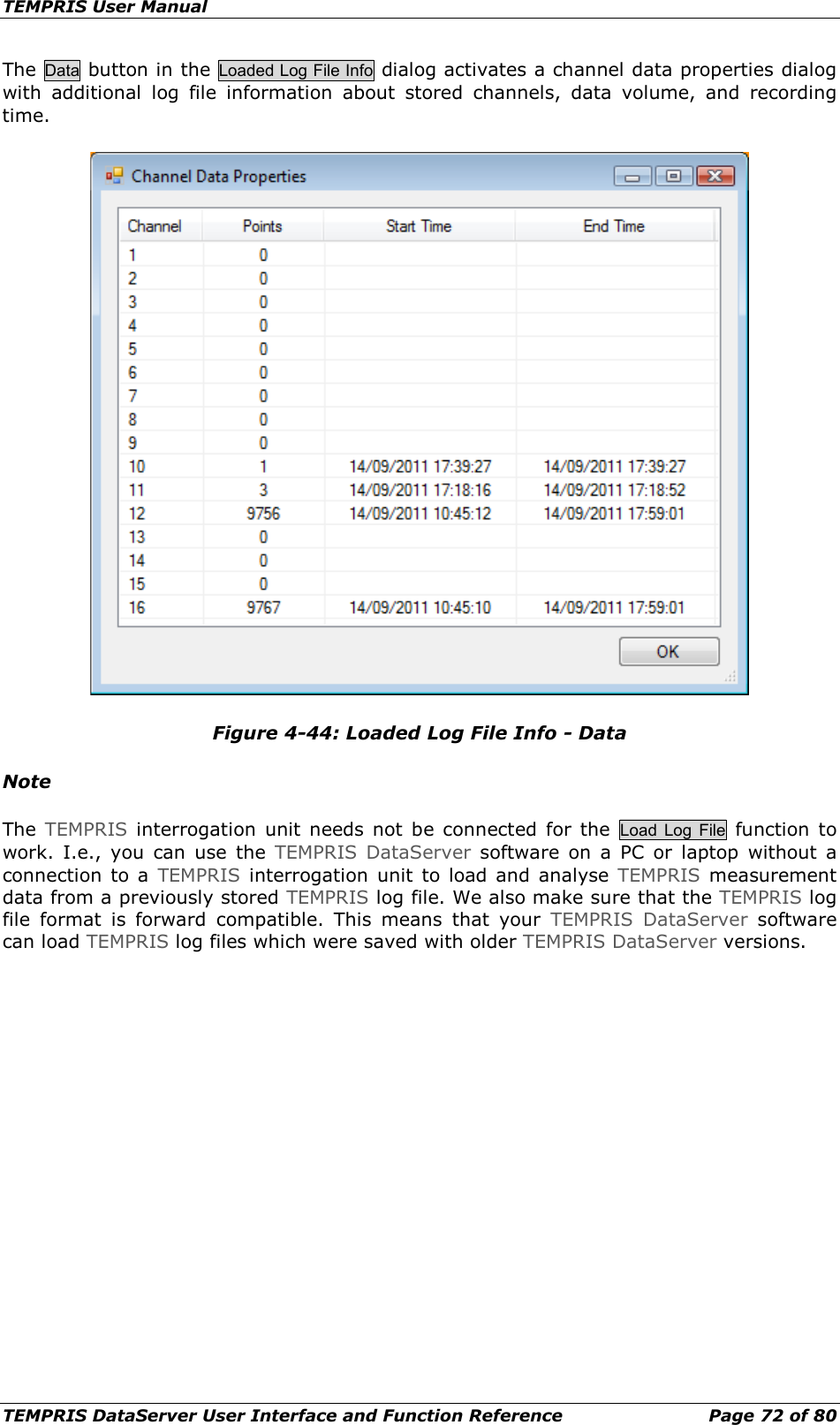 TEMPRIS User Manual TEMPRIS DataServer User Interface and Function Reference Page 72 of 80 The Data button in the Loaded Log File Info dialog activates a channel data properties dialog with  additional  log file information  about stored channels, data volume, and recording time.  Figure 4-44: Loaded Log File Info - Data Note The  TEMPRIS interrogation unit needs not be connected for the  Load Log  File function to work. I.e., you can use the TEMPRIS DataServer software on a PC or laptop  without a connection to a TEMPRIS interrogation unit to load and analyse TEMPRIS measurement data from a previously stored TEMPRIS log file. We also make sure that the TEMPRIS log file format is forward compatible. This means that your TEMPRIS DataServer software can load TEMPRIS log files which were saved with older TEMPRIS DataServer versions.    