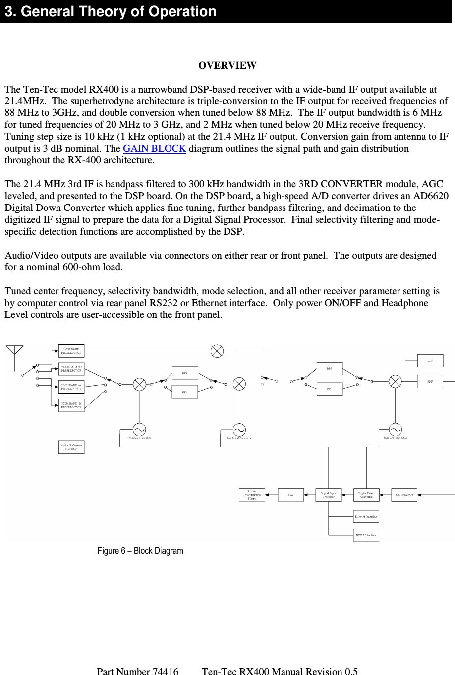 Part Number 74416         Ten-Tec RX400 Manual Revision 0.5   3. General Theory of Operation   OVERVIEW  The Ten-Tec model RX400 is a narrowband DSP-based receiver with a wide-band IF output available at 21.4MHz.  The superhetrodyne architecture is triple-conversion to the IF output for received frequencies of 88 MHz to 3GHz, and double conversion when tuned below 88 MHz.  The IF output bandwidth is 6 MHz for tuned frequencies of 20 MHz to 3 GHz, and 2 MHz when tuned below 20 MHz receive frequency.  Tuning step size is 10 kHz (1 kHz optional) at the 21.4 MHz IF output. Conversion gain from antenna to IF output is 3 dB nominal. The GAIN BLOCK diagram outlines the signal path and gain distribution throughout the RX-400 architecture.  The 21.4 MHz 3rd IF is bandpass filtered to 300 kHz bandwidth in the 3RD CONVERTER module, AGC leveled, and presented to the DSP board. On the DSP board, a high-speed A/D converter drives an AD6620 Digital Down Converter which applies fine tuning, further bandpass filtering, and decimation to the digitized IF signal to prepare the data for a Digital Signal Processor.  Final selectivity filtering and mode-specific detection functions are accomplished by the DSP.  Audio/Video outputs are available via connectors on either rear or front panel.  The outputs are designed for a nominal 600-ohm load.  Tuned center frequency, selectivity bandwidth, mode selection, and all other receiver parameter setting is by computer control via rear panel RS232 or Ethernet interface.  Only power ON/OFF and Headphone Level controls are user-accessible on the front panel.    Figure 6 – Block Diagram    