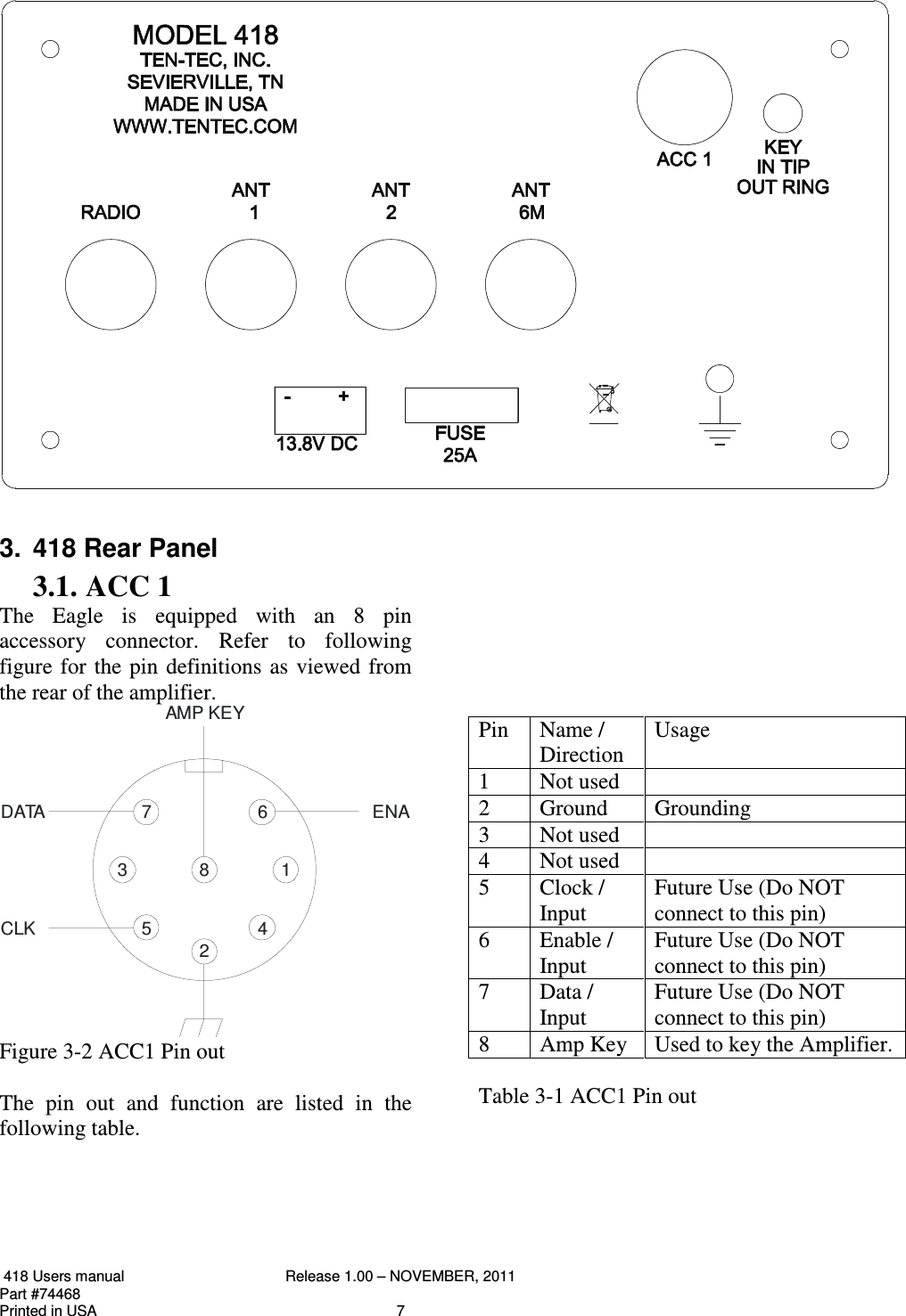  418 Users manual  Release 1.00 – NOVEMBER, 2011   Part #74468   Printed in USA  7                   3.  418 Rear Panel 3.1. ACC 1 The  Eagle  is  equipped  with  an  8  pin accessory  connector.  Refer  to  following figure for the pin  definitions as viewed from the rear of the amplifier. 61425378ENADATACLKAMP KEY Figure 3-2 ACC1 Pin out   The  pin  out  and  function  are  listed  in  the following table.                               Pin  Name / Direction Usage 1  Not used   2  Ground  Grounding 3  Not used   4  Not used   5  Clock / Input Future Use (Do NOT connect to this pin) 6  Enable / Input Future Use (Do NOT connect to this pin) 7  Data / Input Future Use (Do NOT connect to this pin) 8  Amp Key   Used to key the Amplifier.   Table 3-1 ACC1 Pin out      
